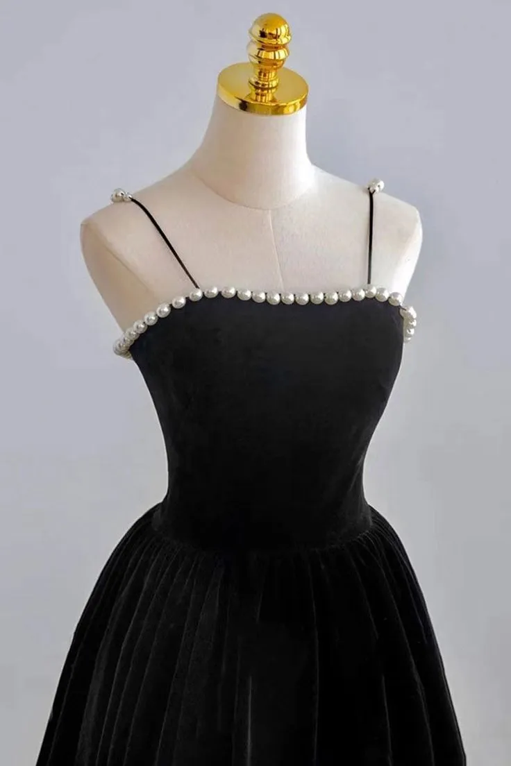 Black Velvet Tea Length Formal Prom Dress with Pearl,DP1070