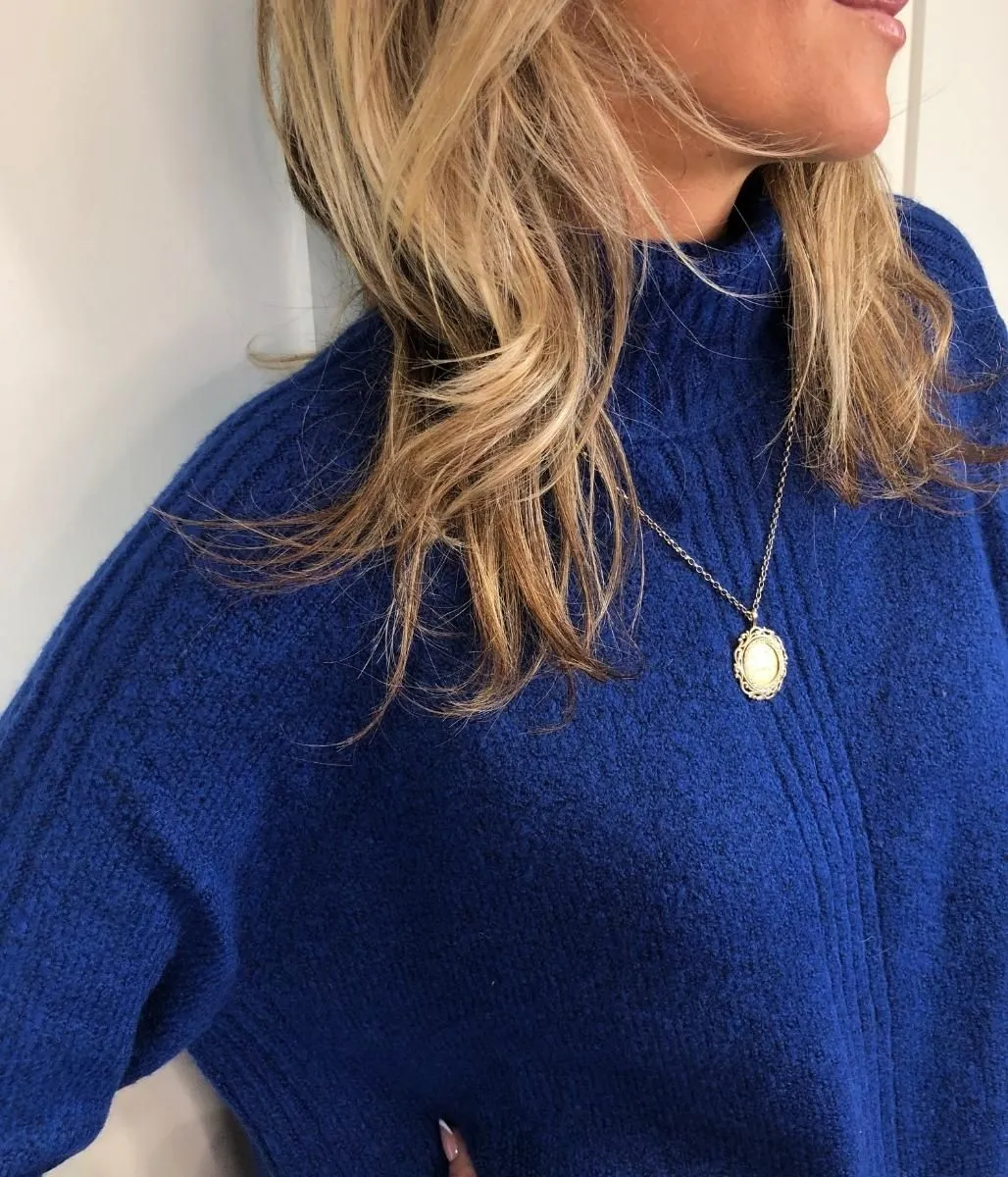 Blue Roll Neck Ribbed Panel Jumper