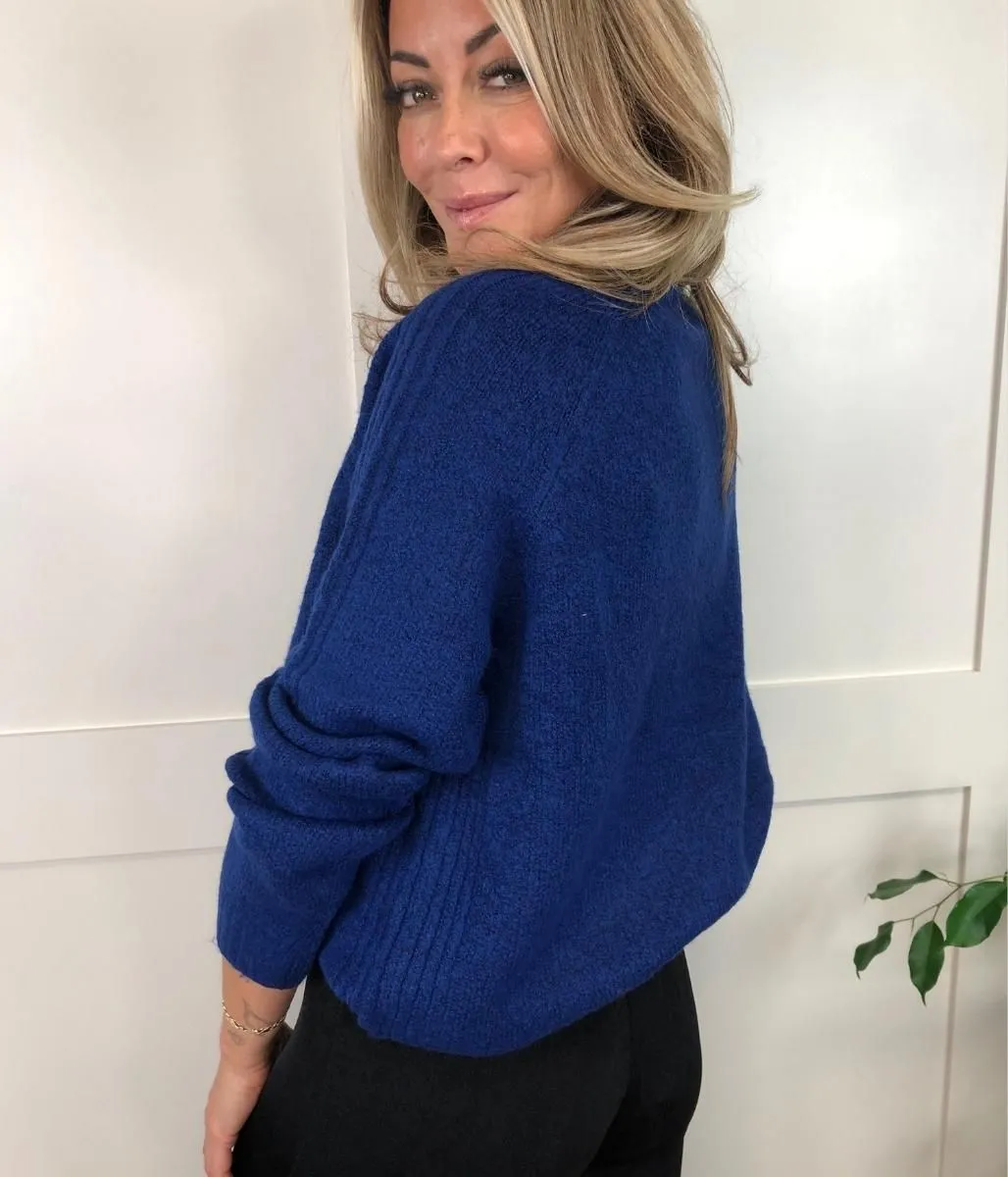 Blue Roll Neck Ribbed Panel Jumper