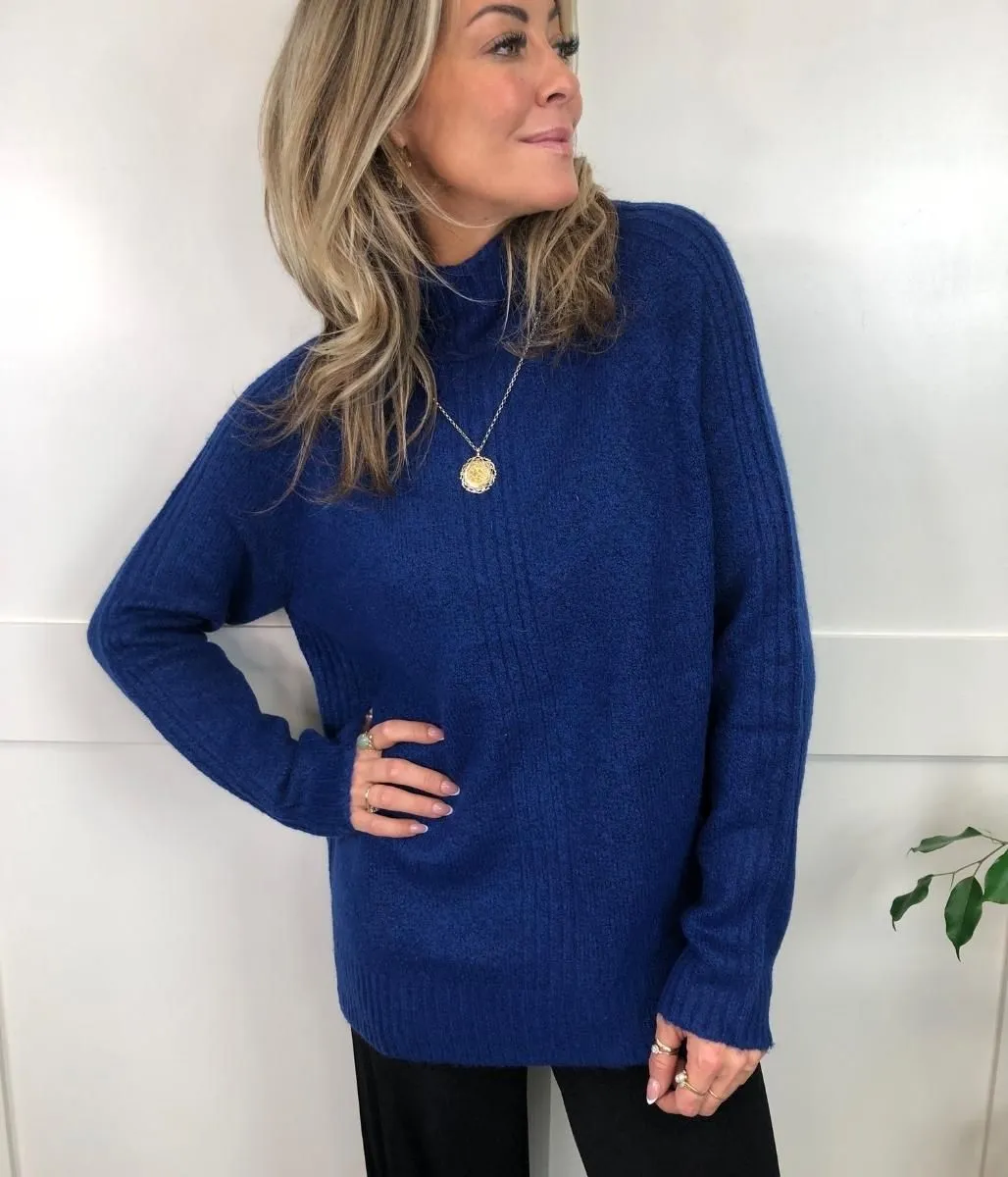 Blue Roll Neck Ribbed Panel Jumper