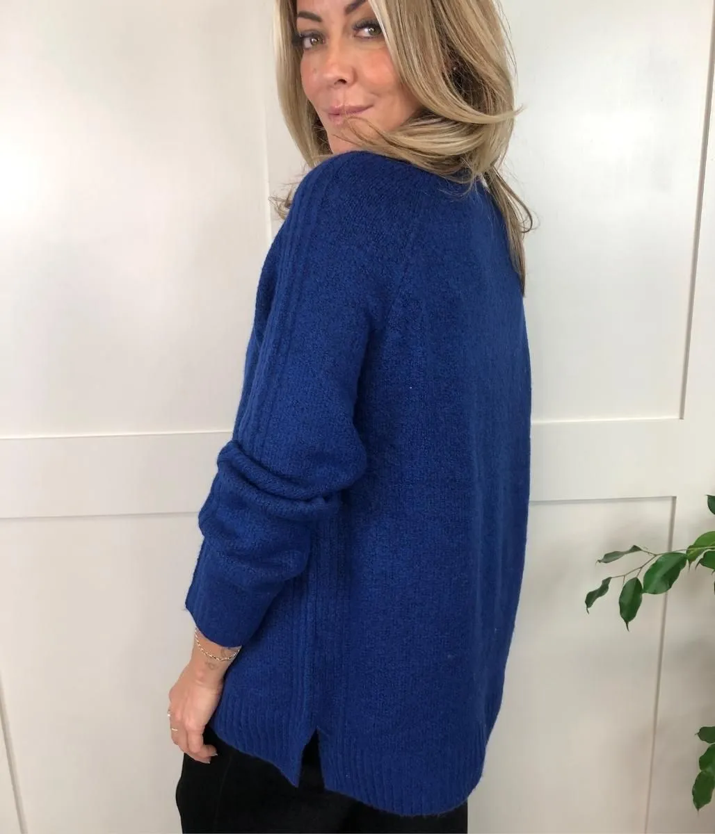 Blue Roll Neck Ribbed Panel Jumper