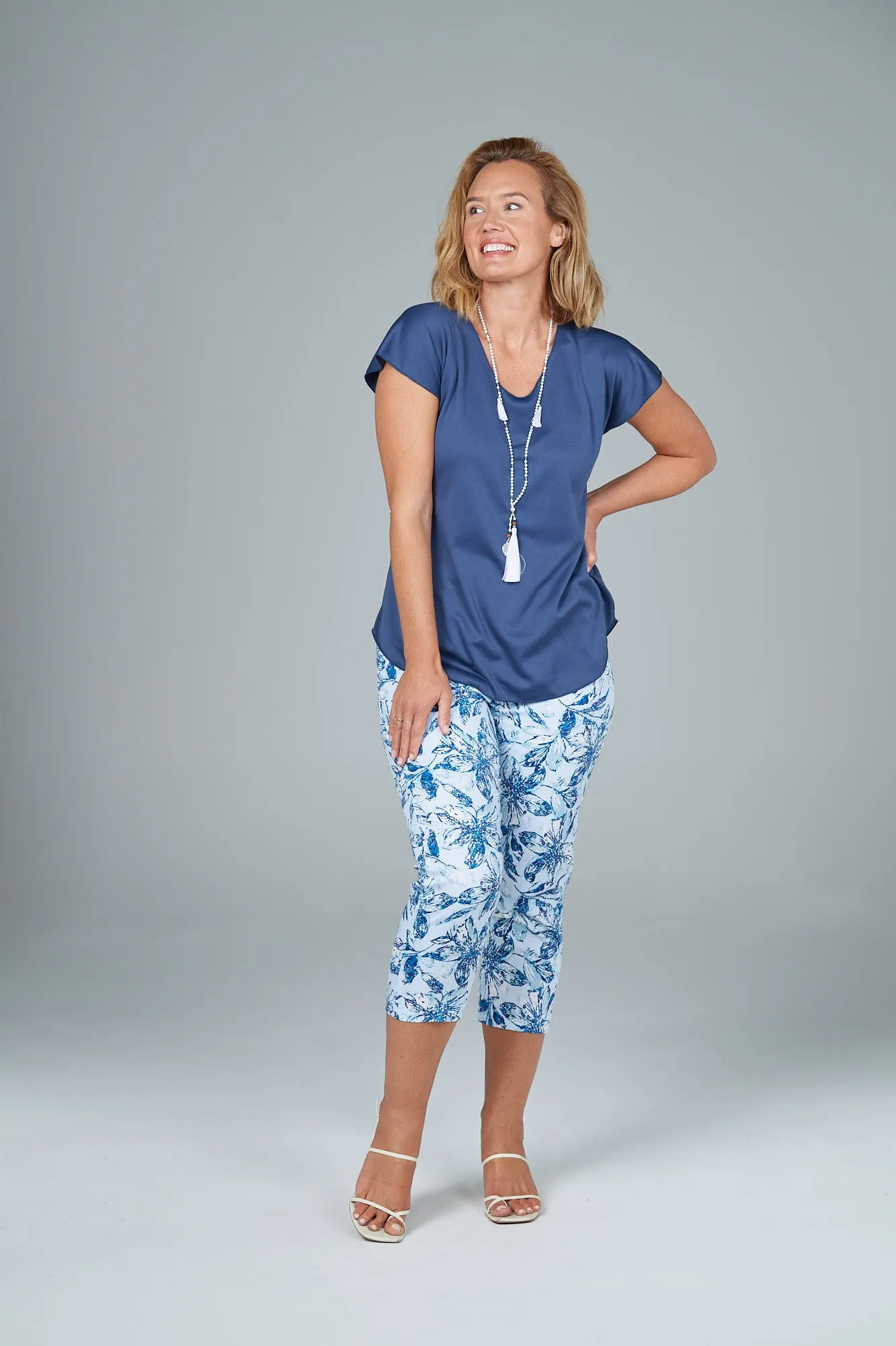 Blue Sky Print Stretch Cotton Sateen Capri Pants