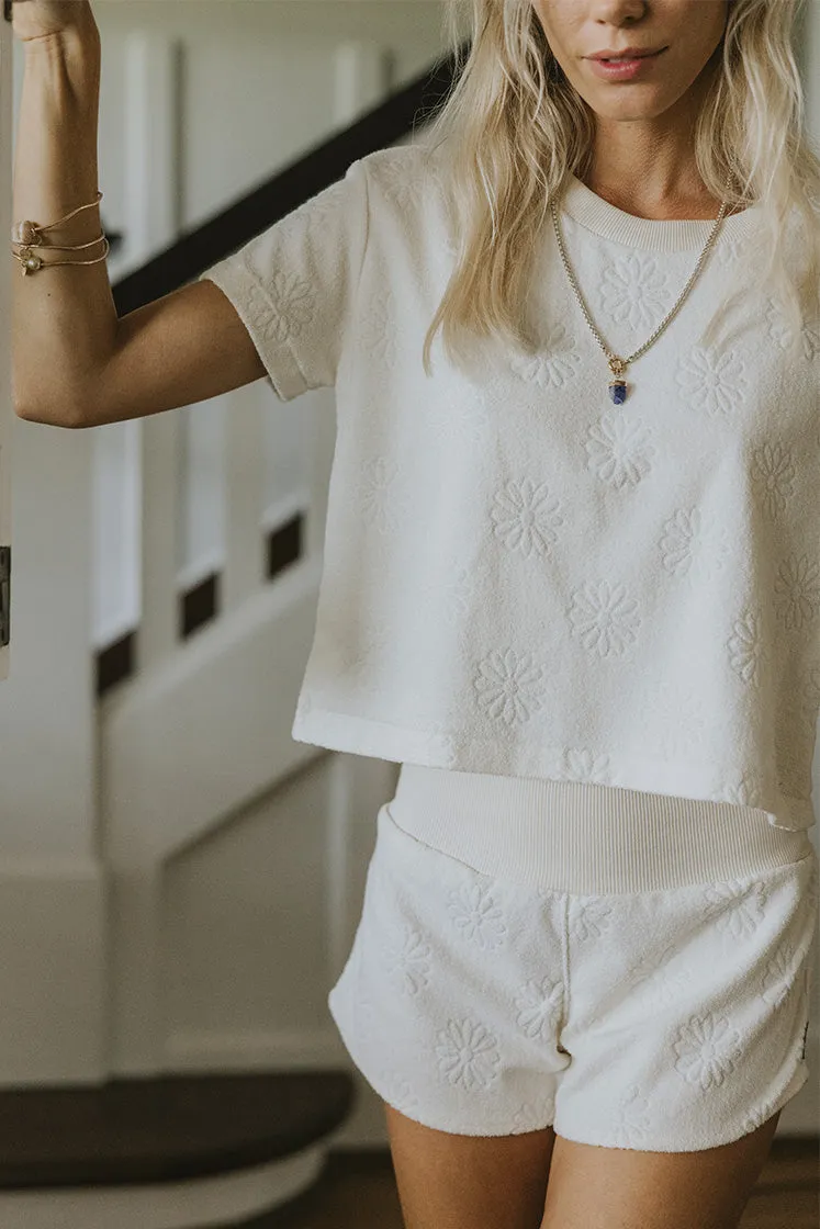 Boxy Cropped Tee - Ecru Daisy Terrycloth