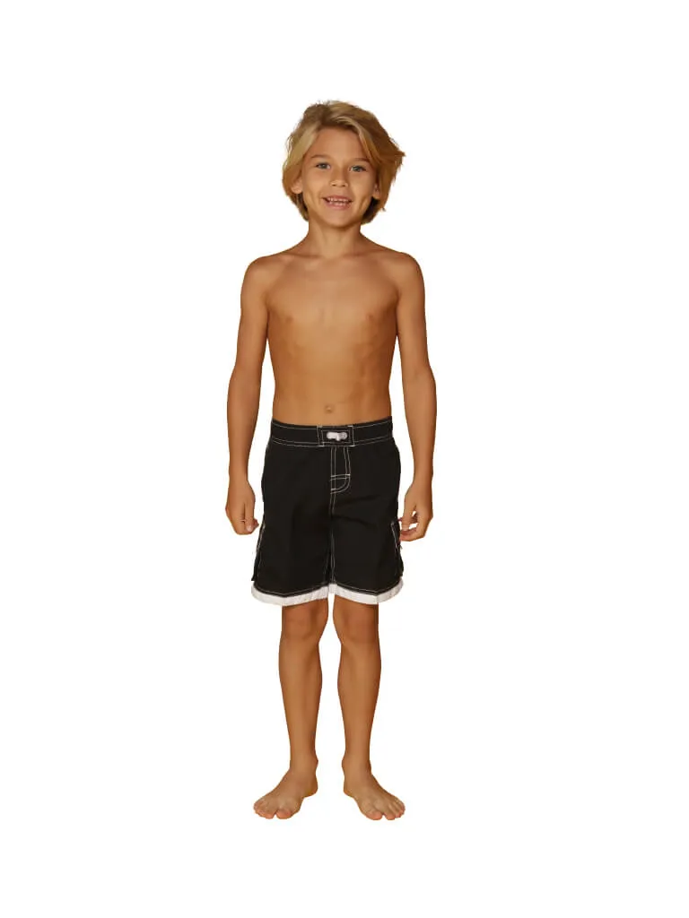 Boys' cargo shorts the longer swim trunks in solid colors and white detail