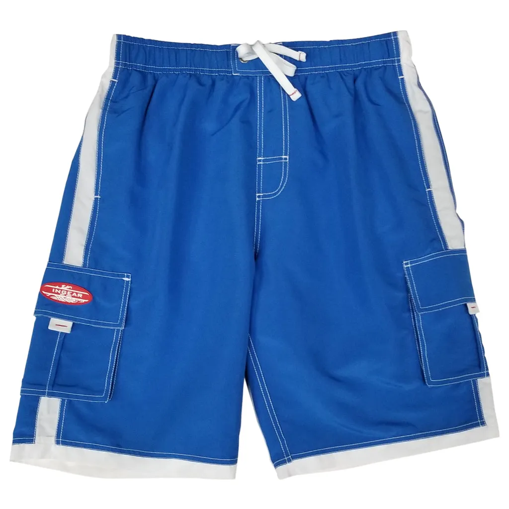 Boys' cargo shorts the longer swim trunks in solid colors and white detail