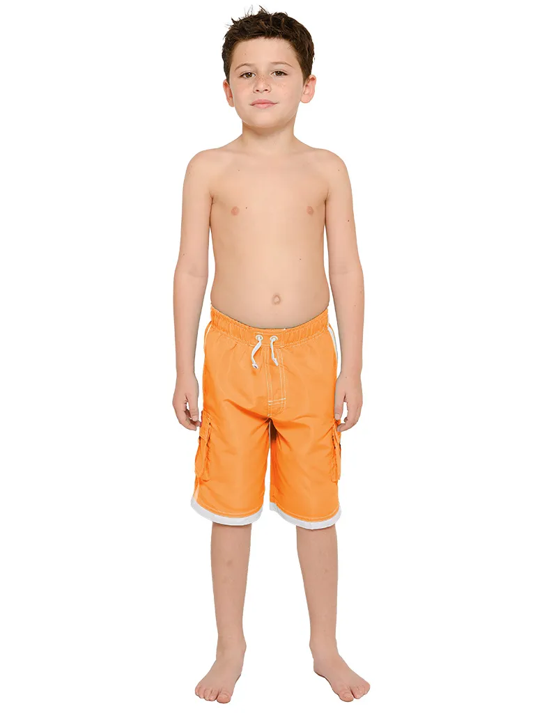 Boys' cargo shorts the longer swim trunks in solid colors and white detail