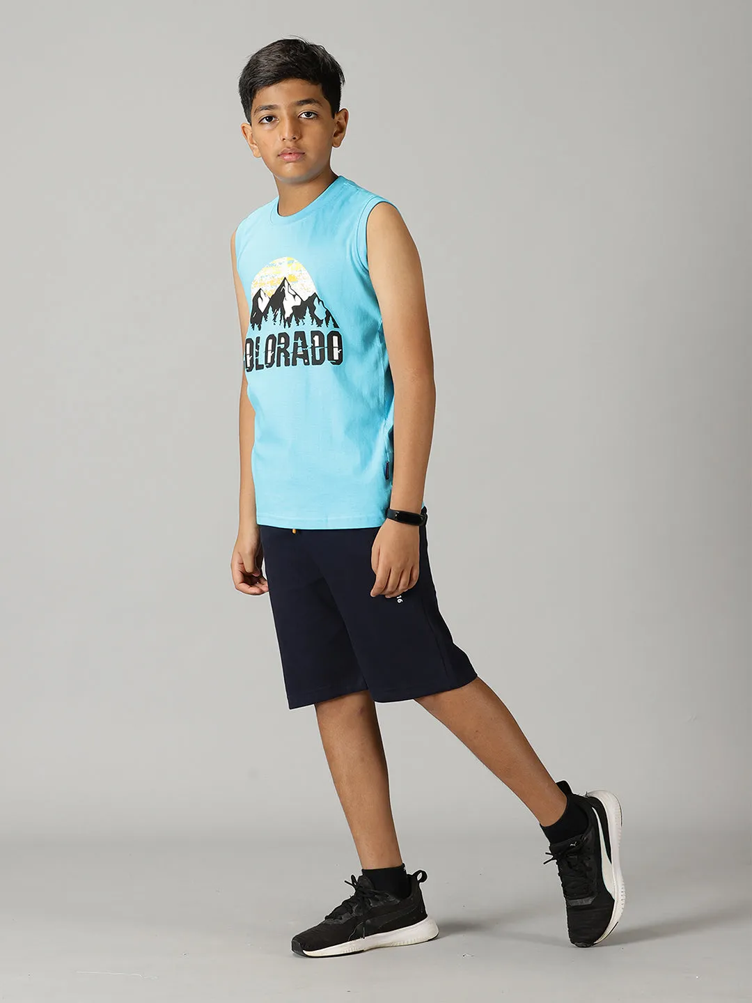 Boys Printed Sleeveless Tee & Knit Shorts With Zipper Pocket Set