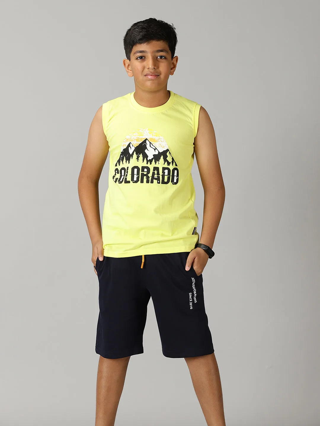 Boys Printed Sleeveless Tee & Knit Shorts With Zipper Pocket Set