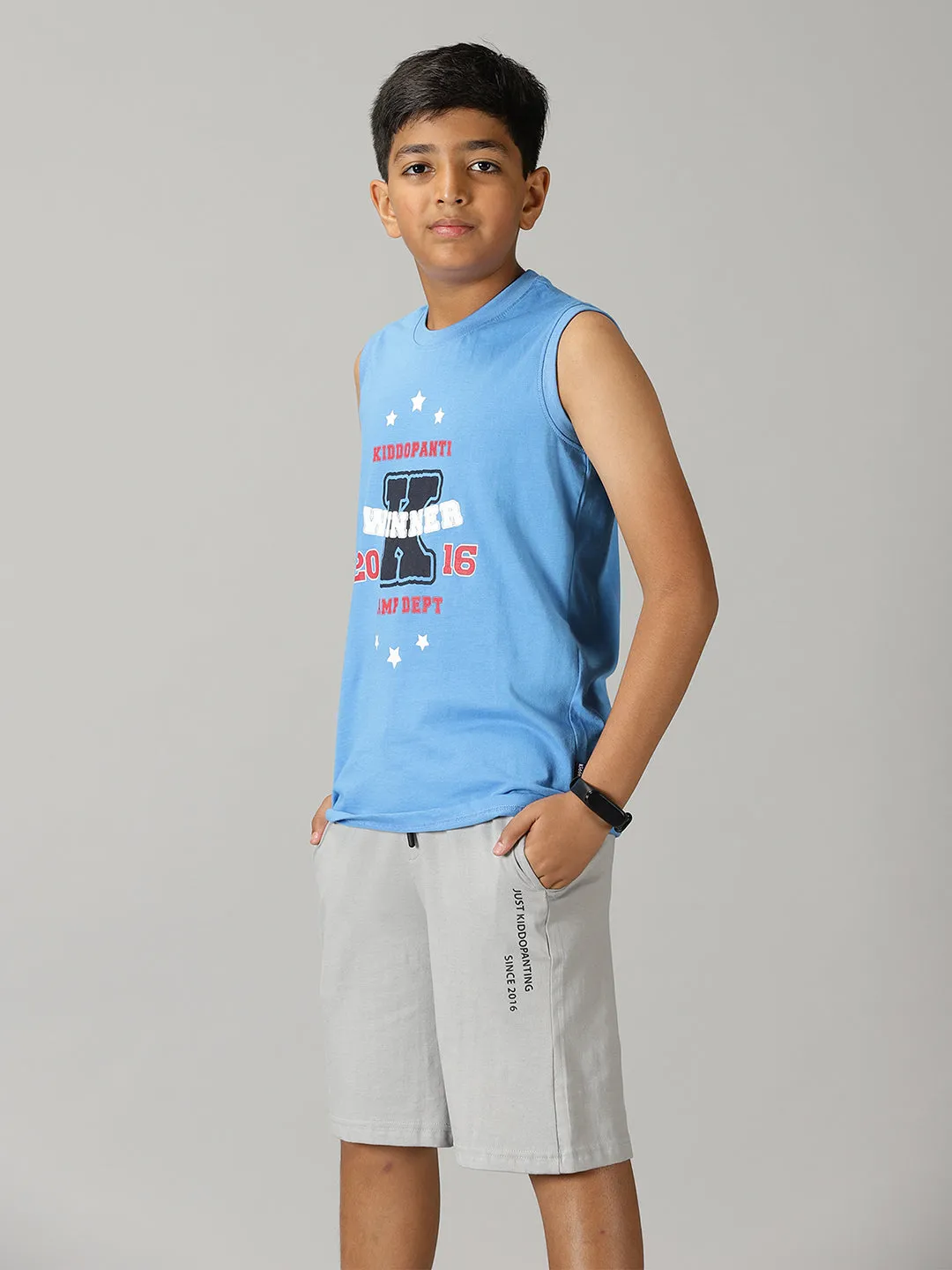 Boys Printed Sleeveless Tee & Knit Shorts With Zipper Pocket Set