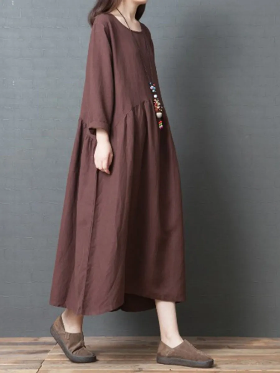 Casual Loose Cotton and Plain Color Long-Sleeved Dress