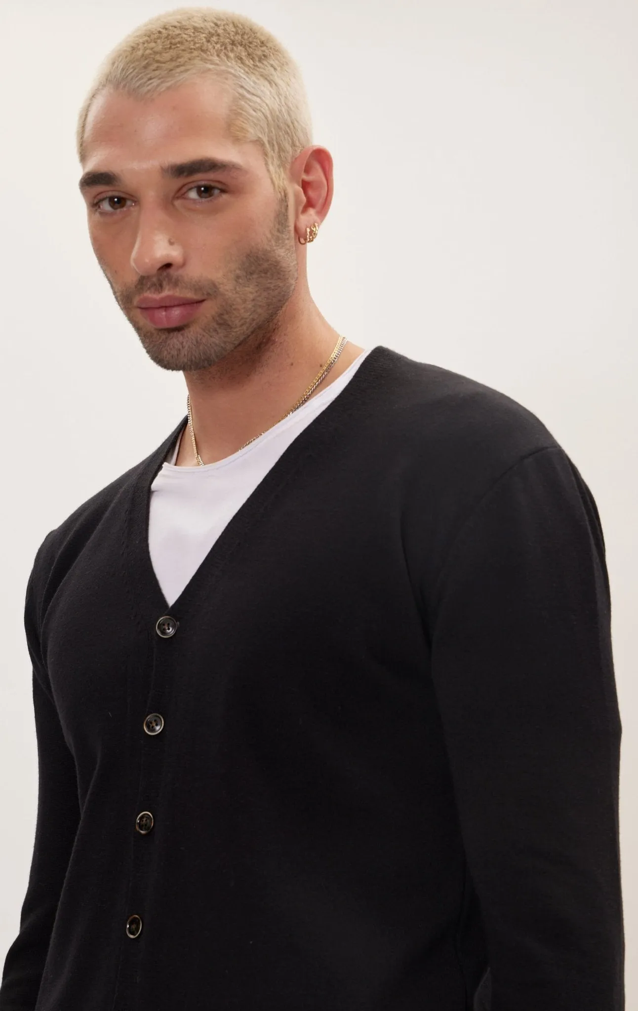 Classic V-neck Button Front Knit Shirt - Black