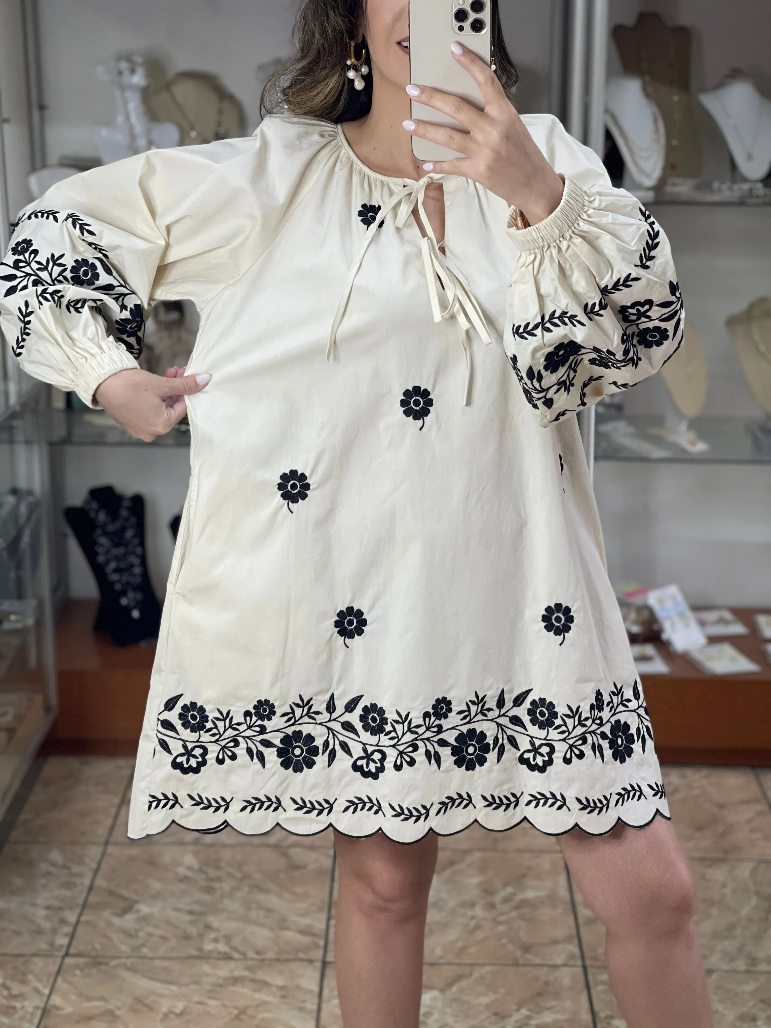 Cream and Black Embroidered Dress