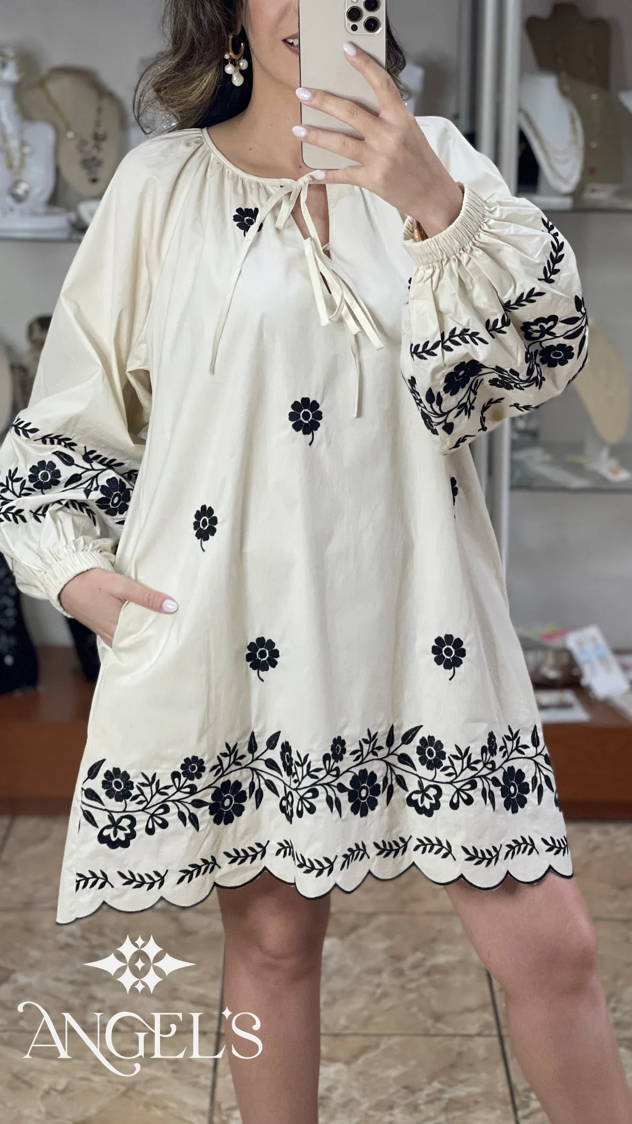 Cream and Black Embroidered Dress