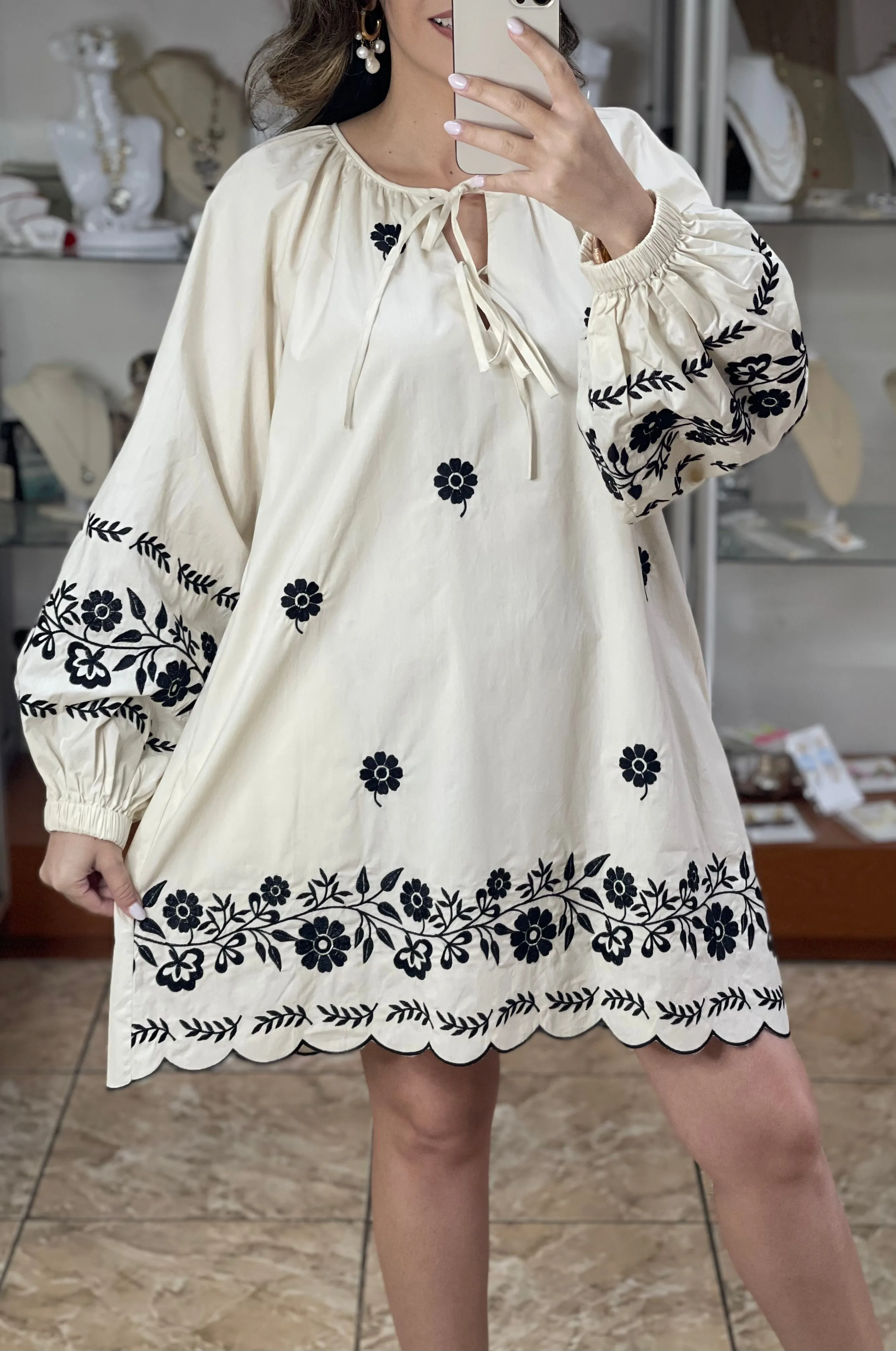 Cream and Black Embroidered Dress