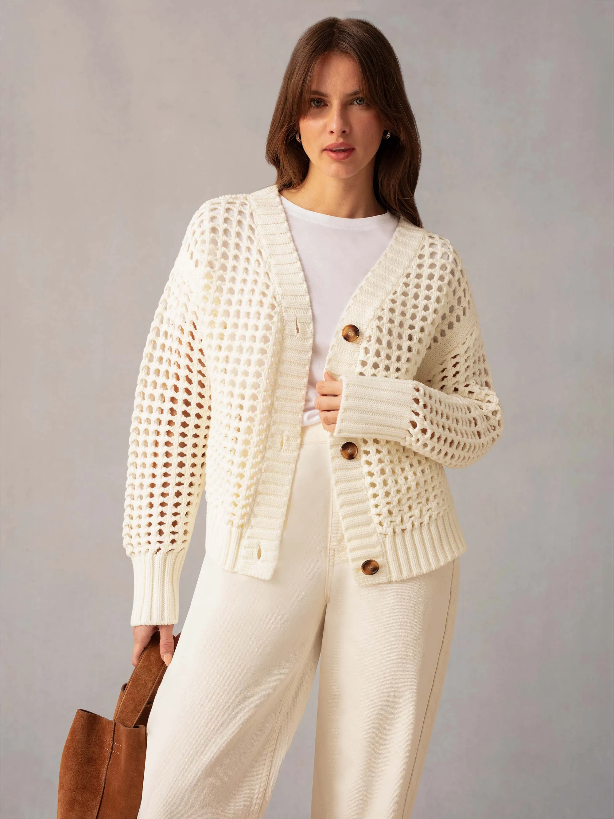 Cream Crochet Knit Cardigan