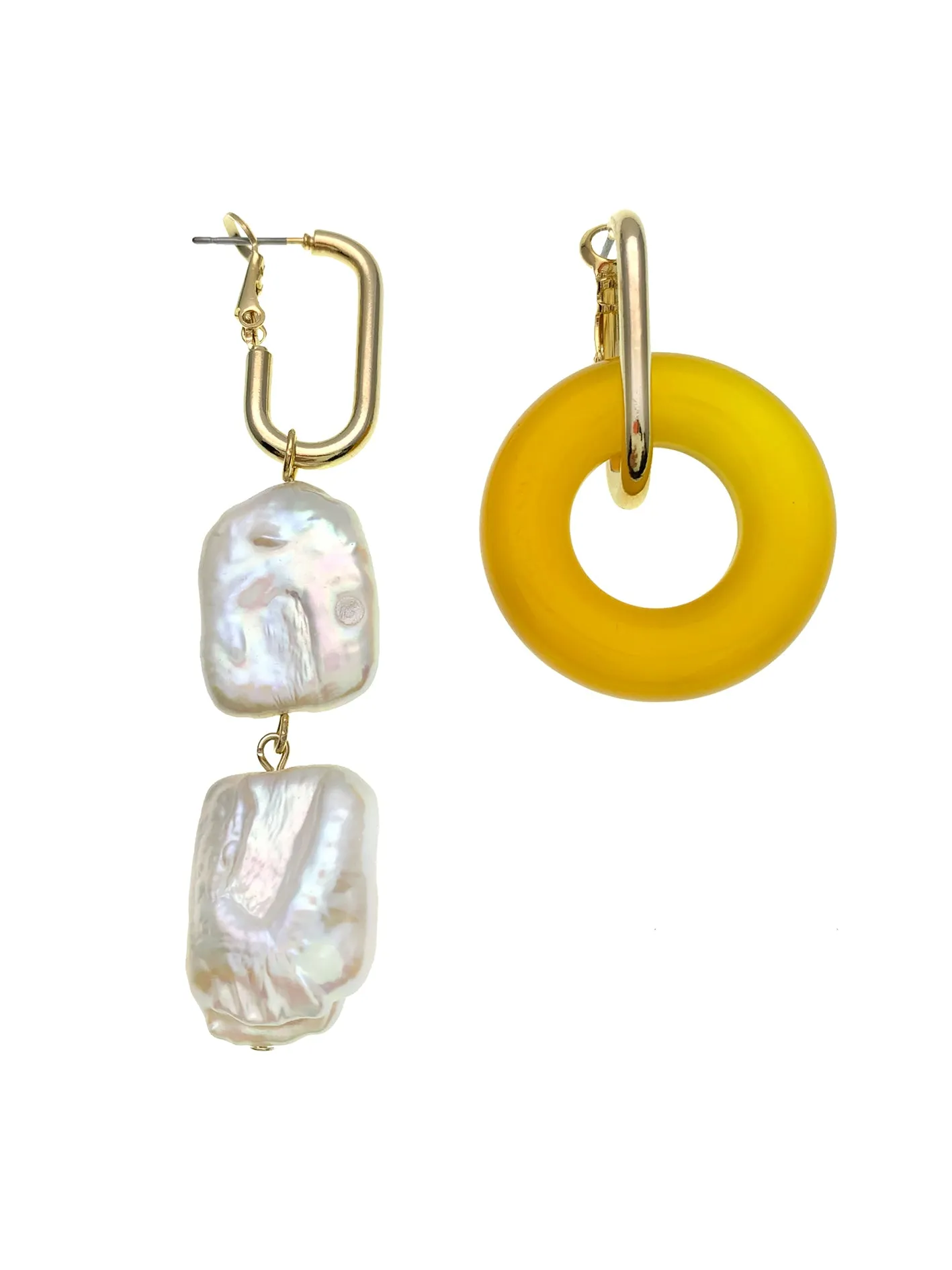 Donut Shaped Yellow Jade & Flat Freshwater Pearls Asymmetric Earrings EE045