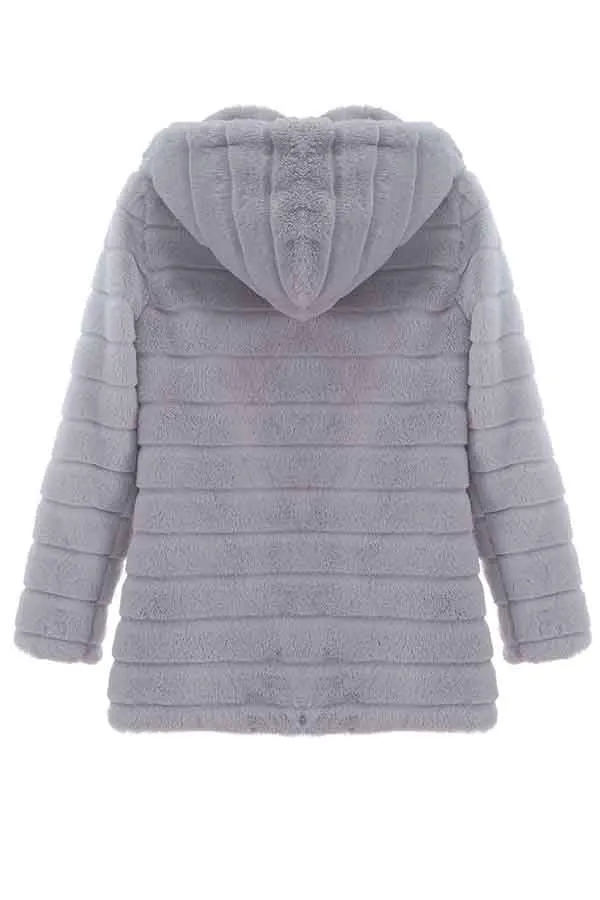 Faux Fur Fluffy Grey Coat With Fur Hood Gray