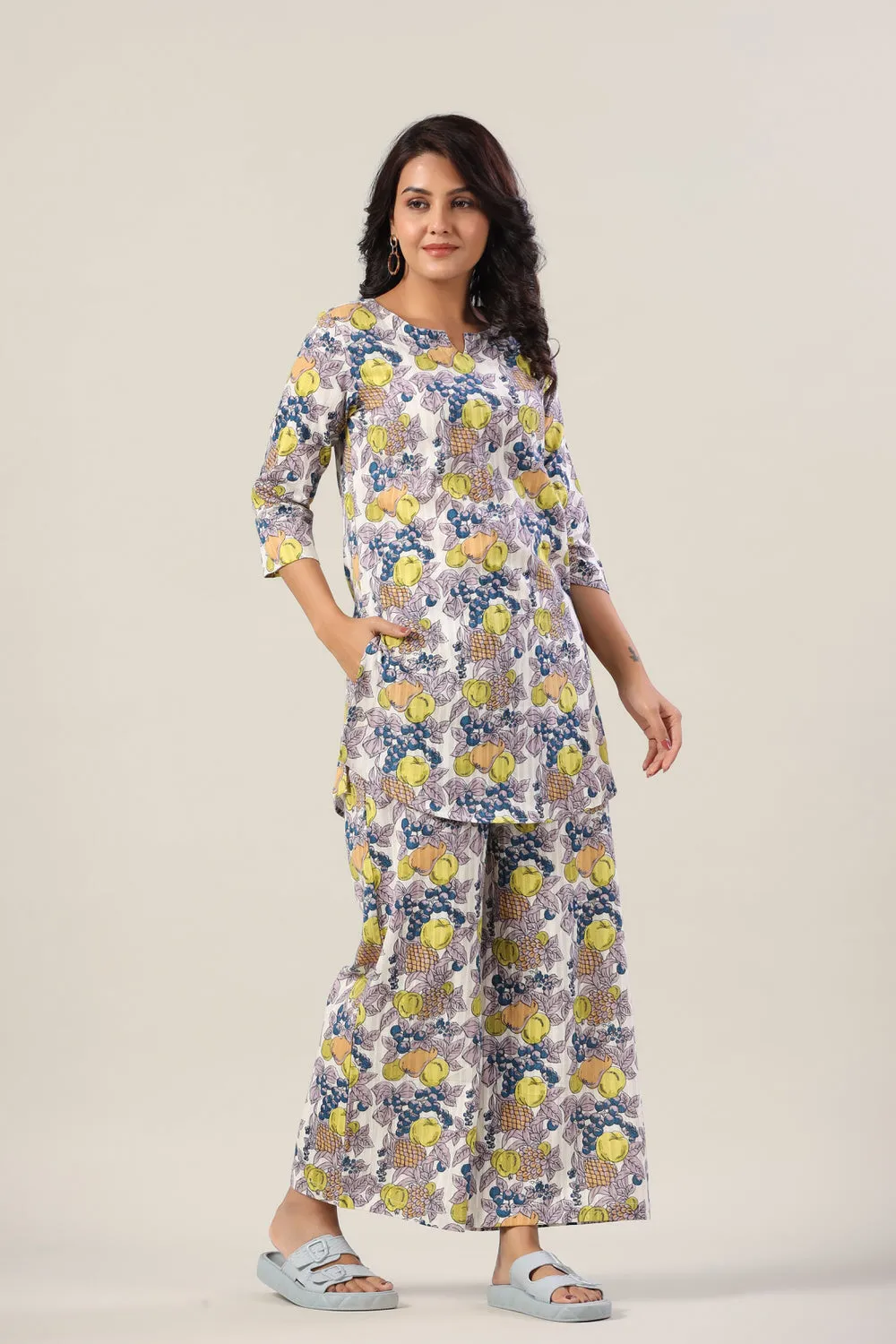 Fresh fruits on Blue Cotton Lounge Co-ord Set