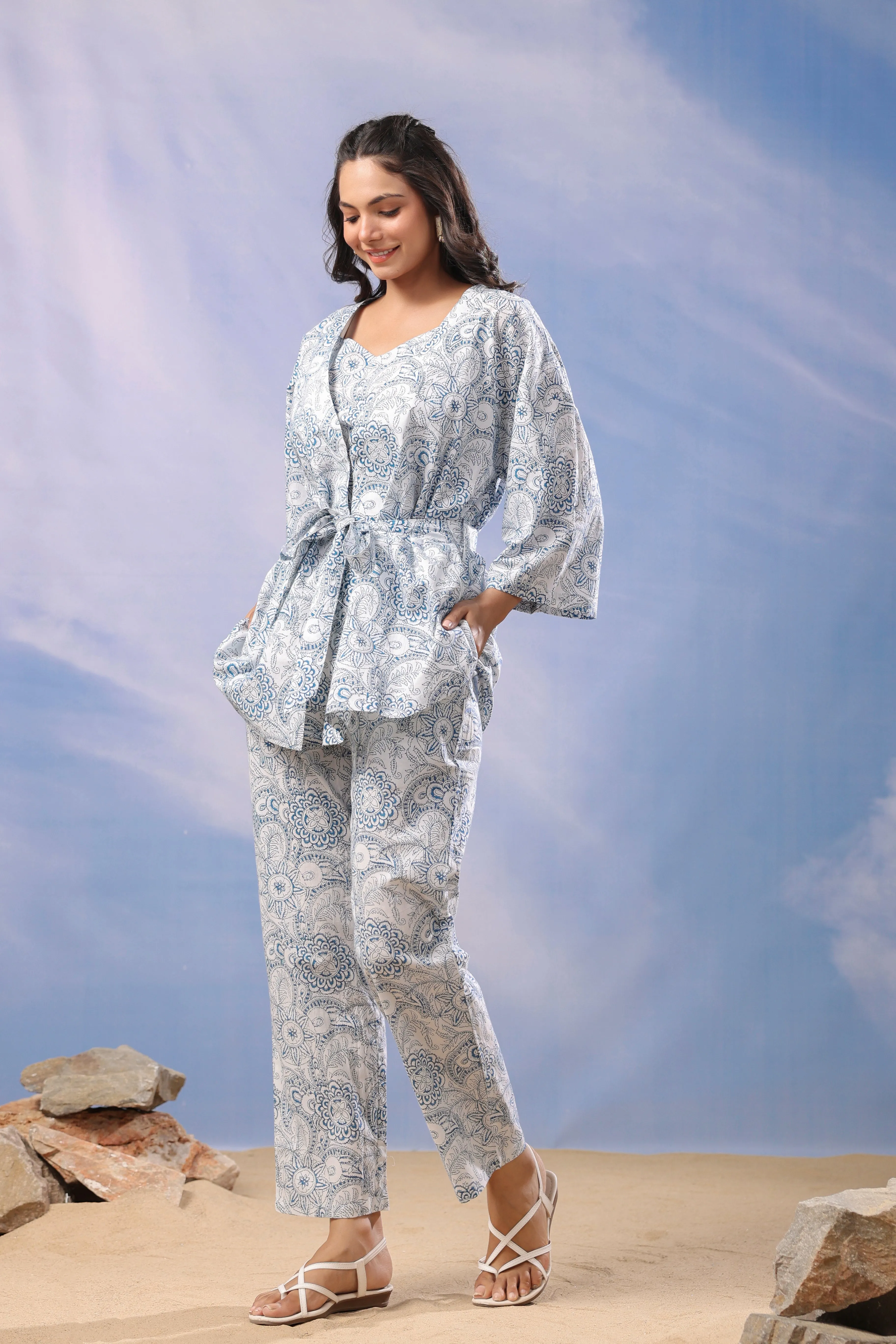 Frosted Elegance Cotton Three Piece Co Ord Set