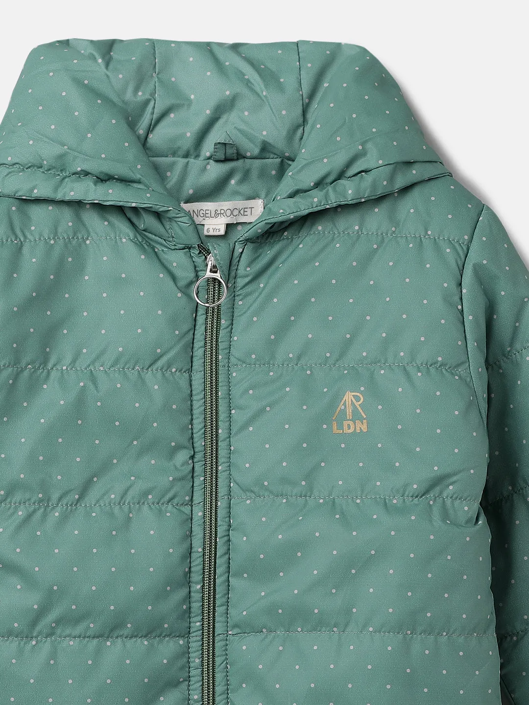 Girls Green Dot Printed Puffa Jacket with Hood