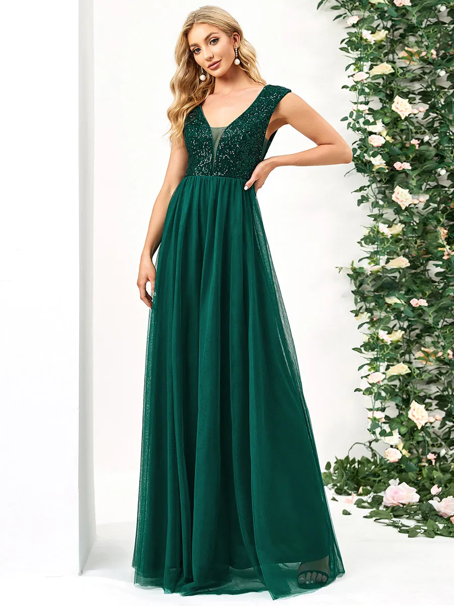 Glamorous Sleeveless A Line Wholesale Evening Dresses with Deep V Neck