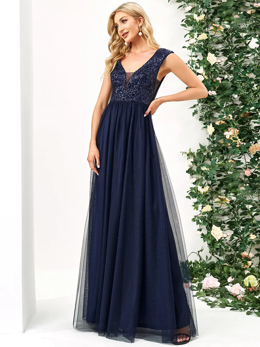 Glamorous Sleeveless A Line Wholesale Evening Dresses with Deep V Neck