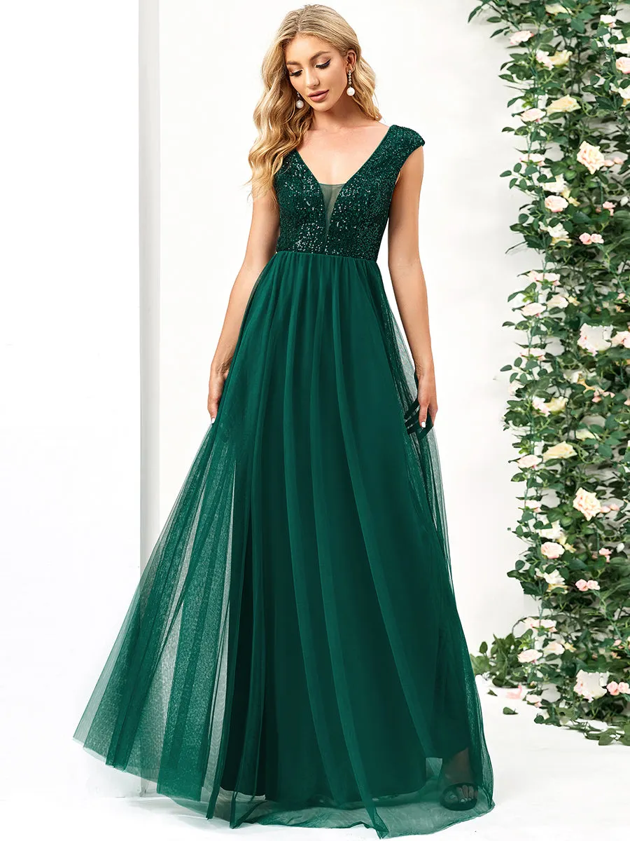 Glamorous Sleeveless A Line Wholesale Evening Dresses with Deep V Neck