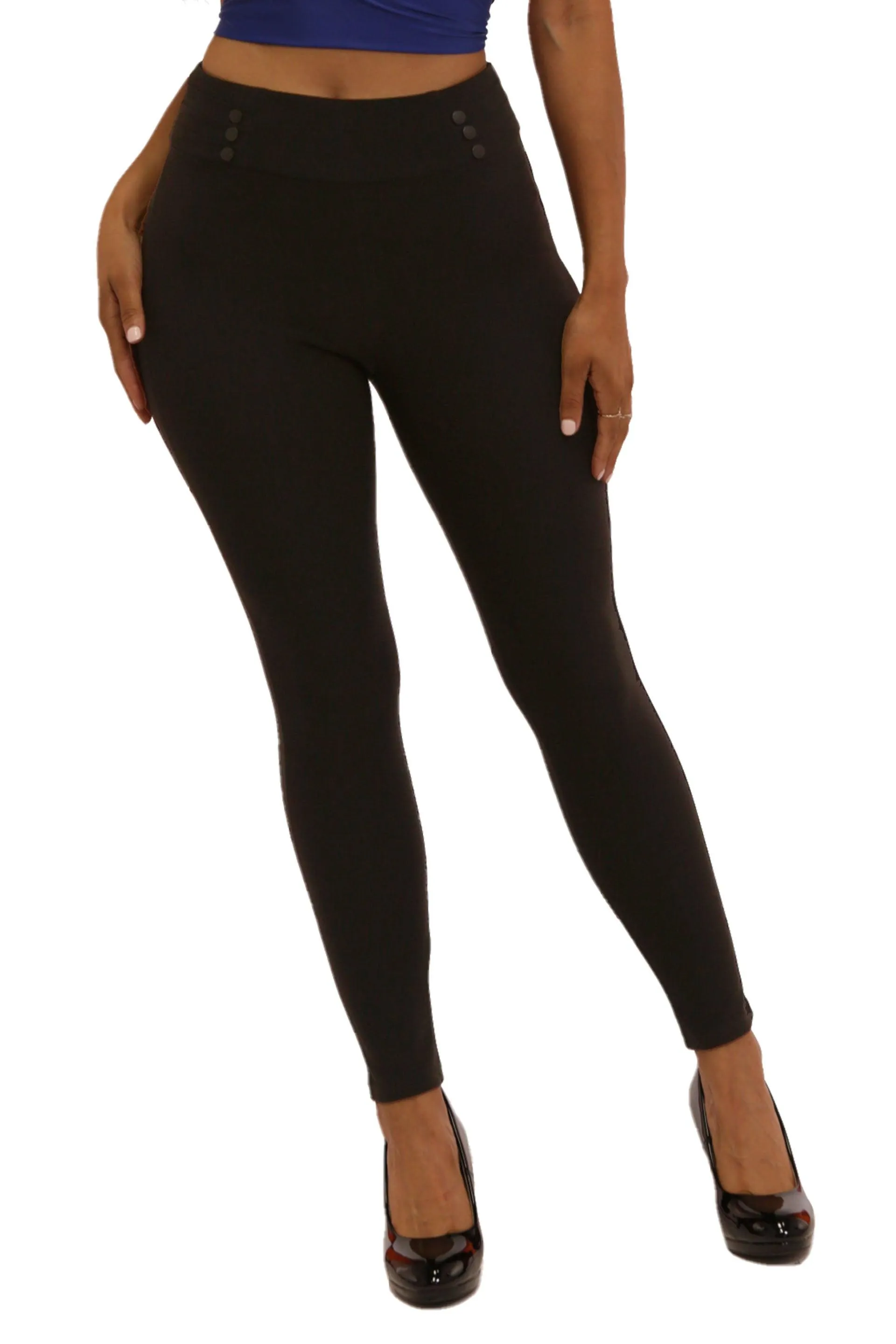 High Waist Sculpting Treggings With Button Waist Detail - Black