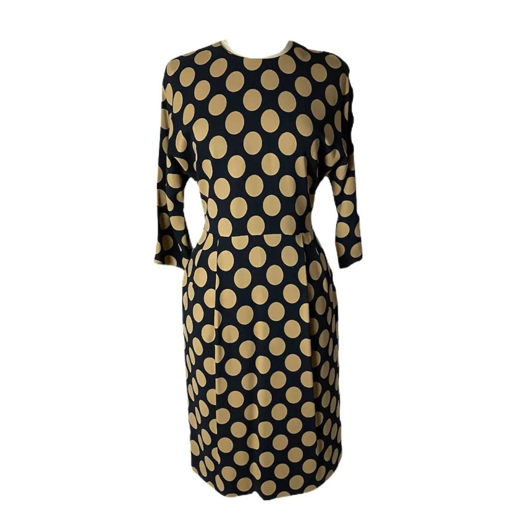 HUGO BOSS Navy and Tan Polka Dot Dress | Size US 10