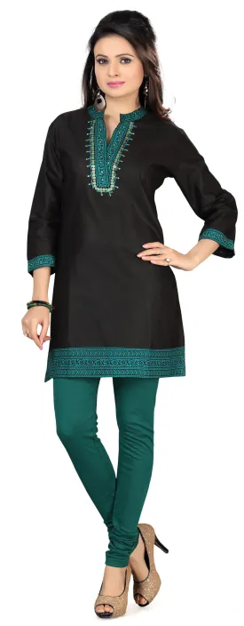 India Long Kurti Womens Embroidered Cotton Indian Clothing (Black)