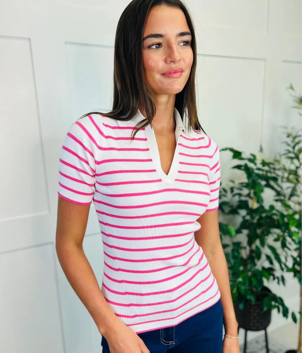 Ivory & Pink Stripe Rib Knit Top