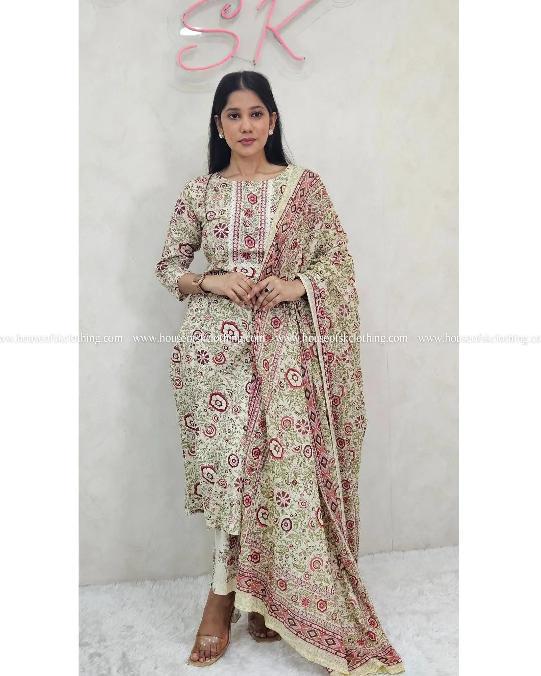 Ivory Maroon Printed Cotton Kurta Sets