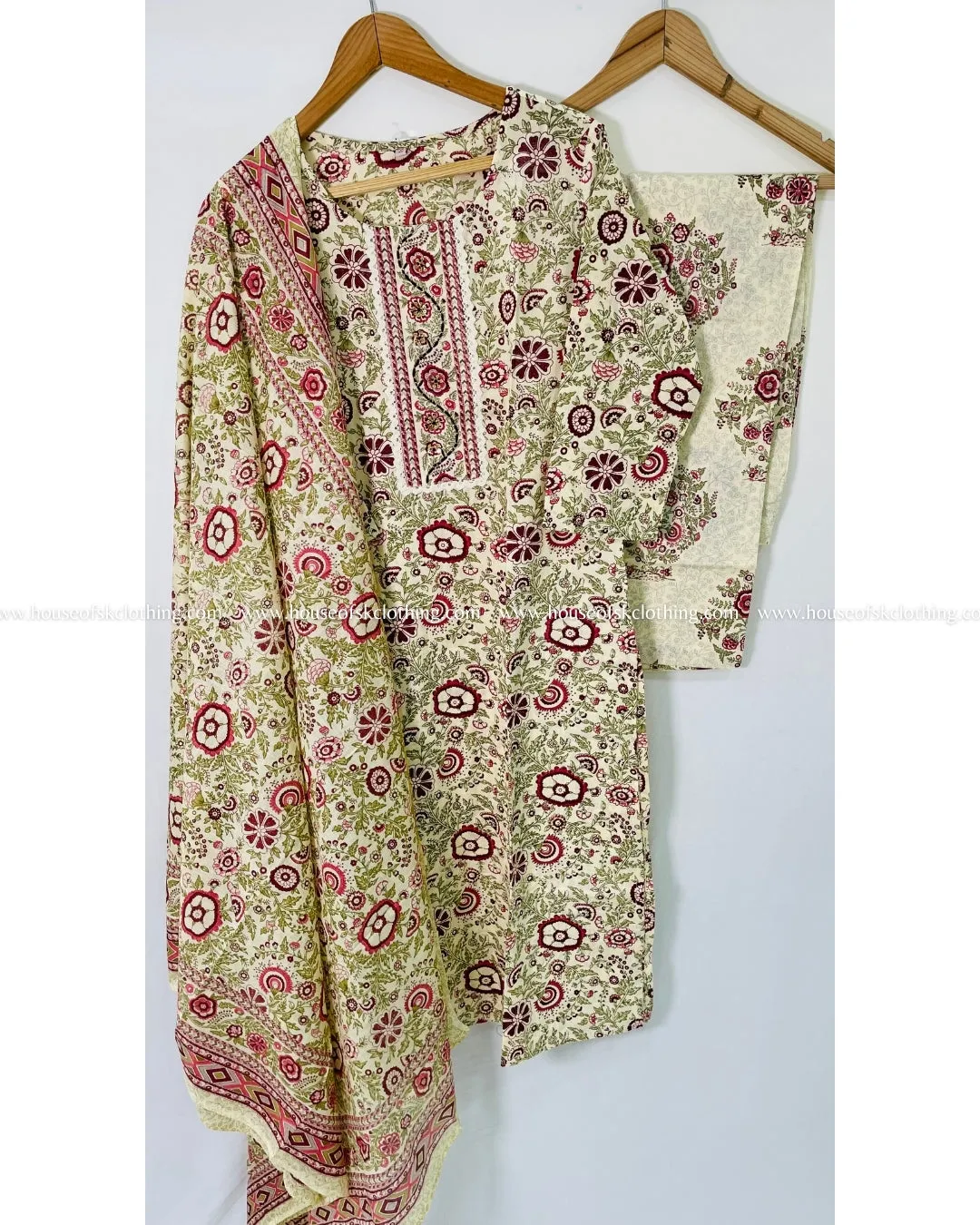 Ivory Maroon Printed Cotton Kurta Sets