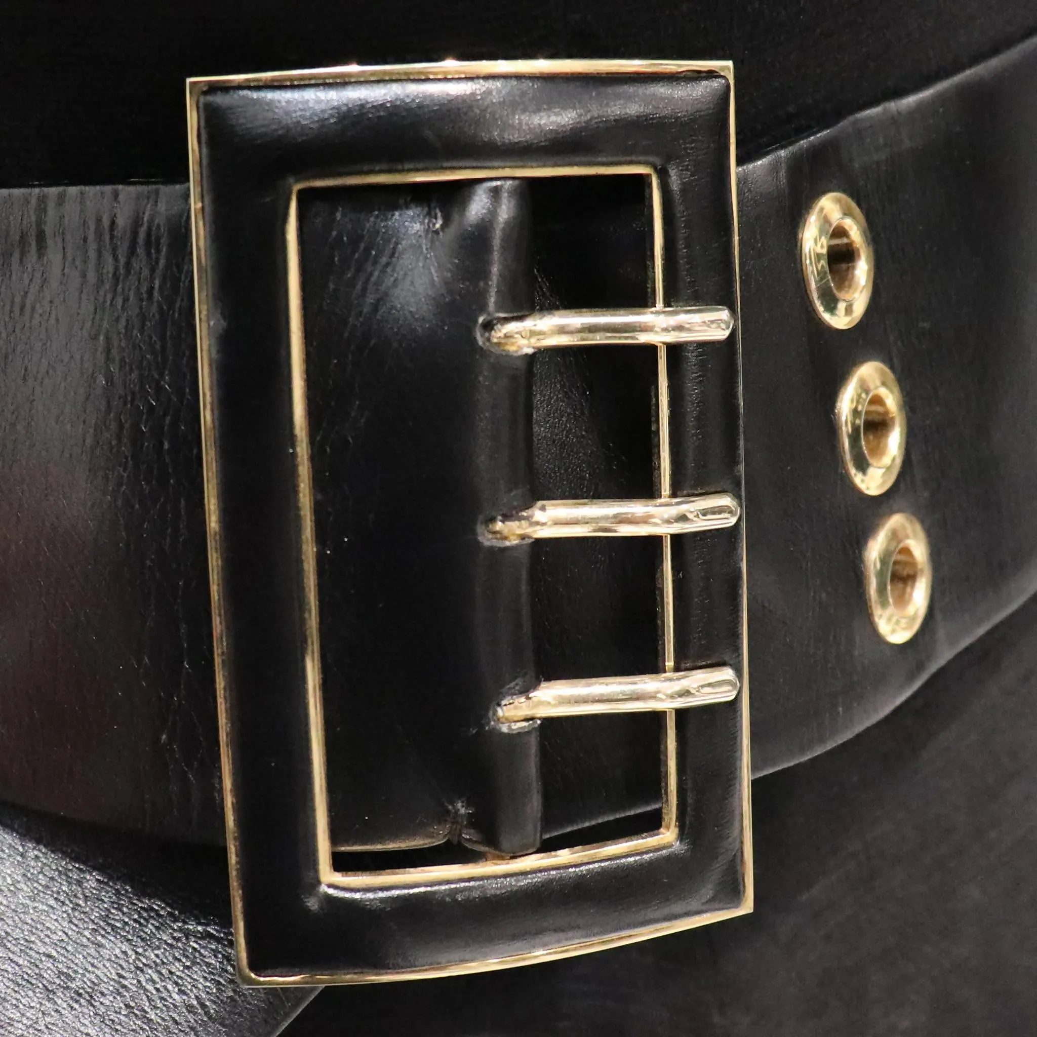 JUDITH LEIBER Black Leather Belt with Gold Rectangle Buckle