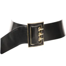 JUDITH LEIBER Black Leather Belt with Gold Rectangle Buckle