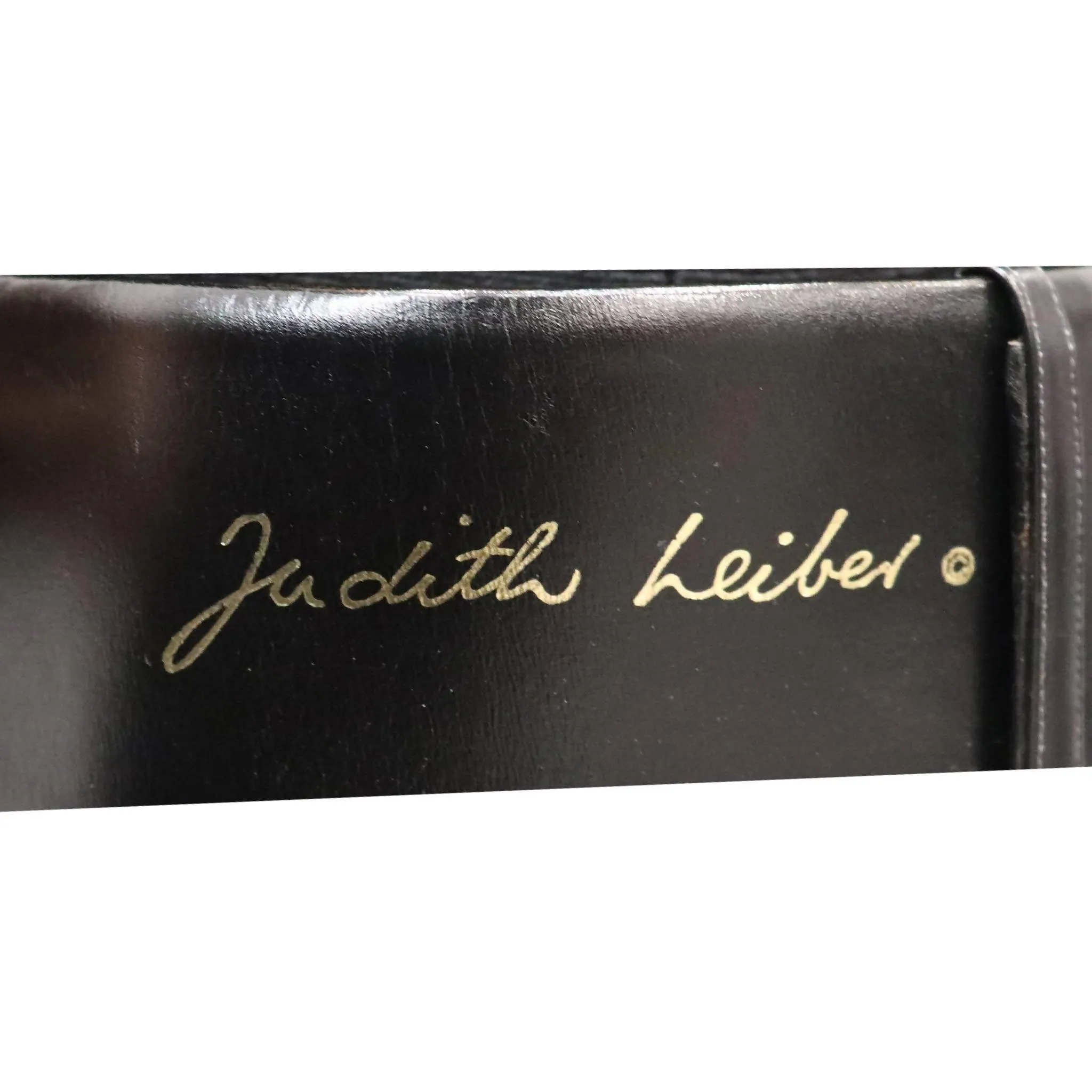 JUDITH LEIBER Black Leather Belt with Gold Rectangle Buckle