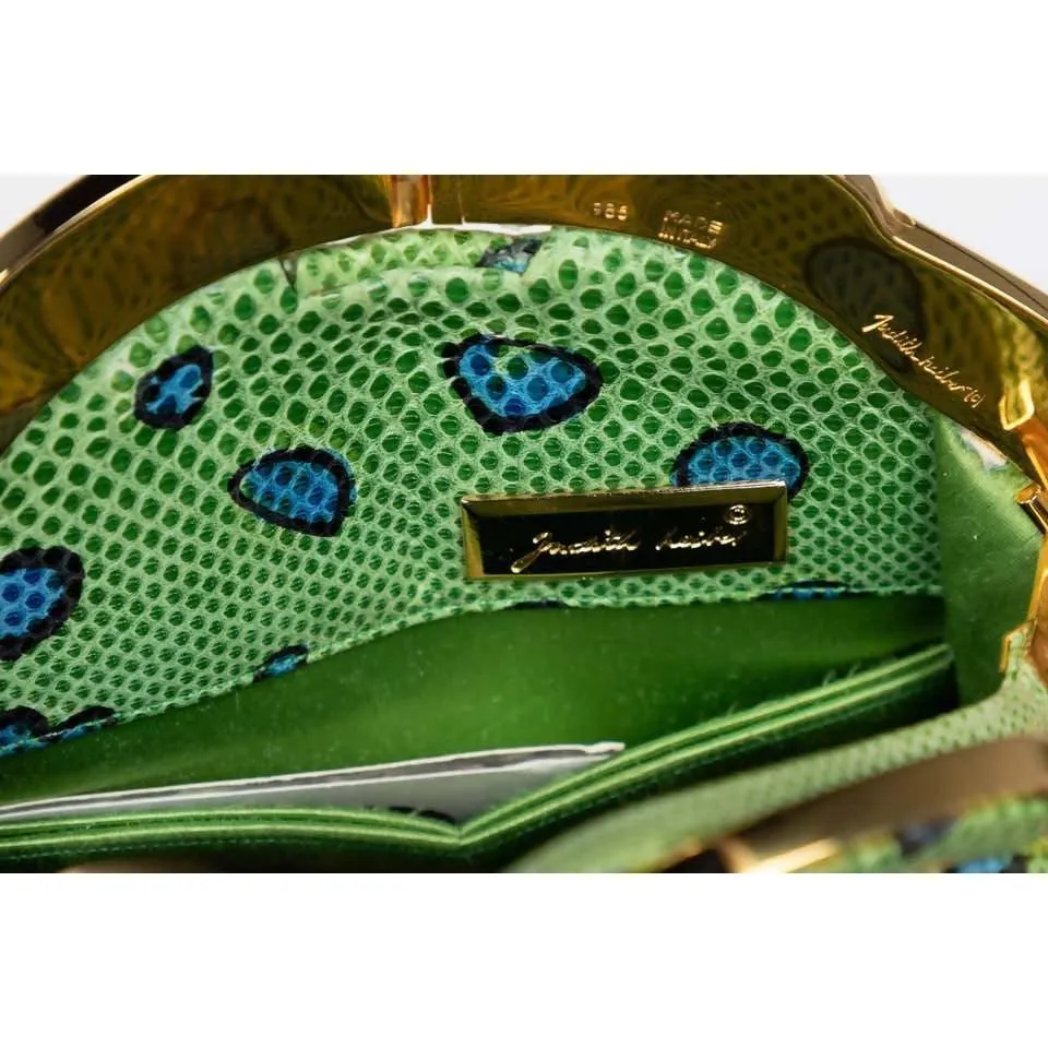 JUDITH LEIBER Green and Blue Reptile Leather Clutch | Size S