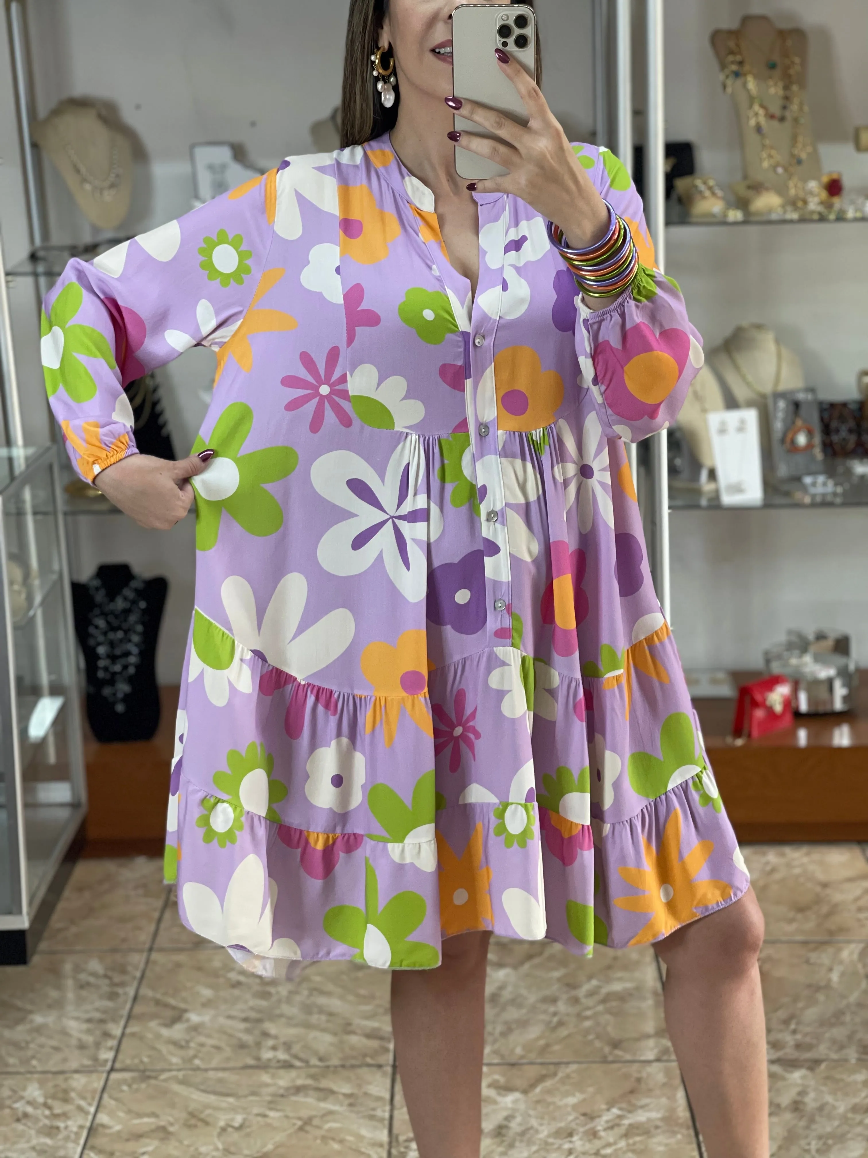 Long Sleeve Floral OS Short Dress