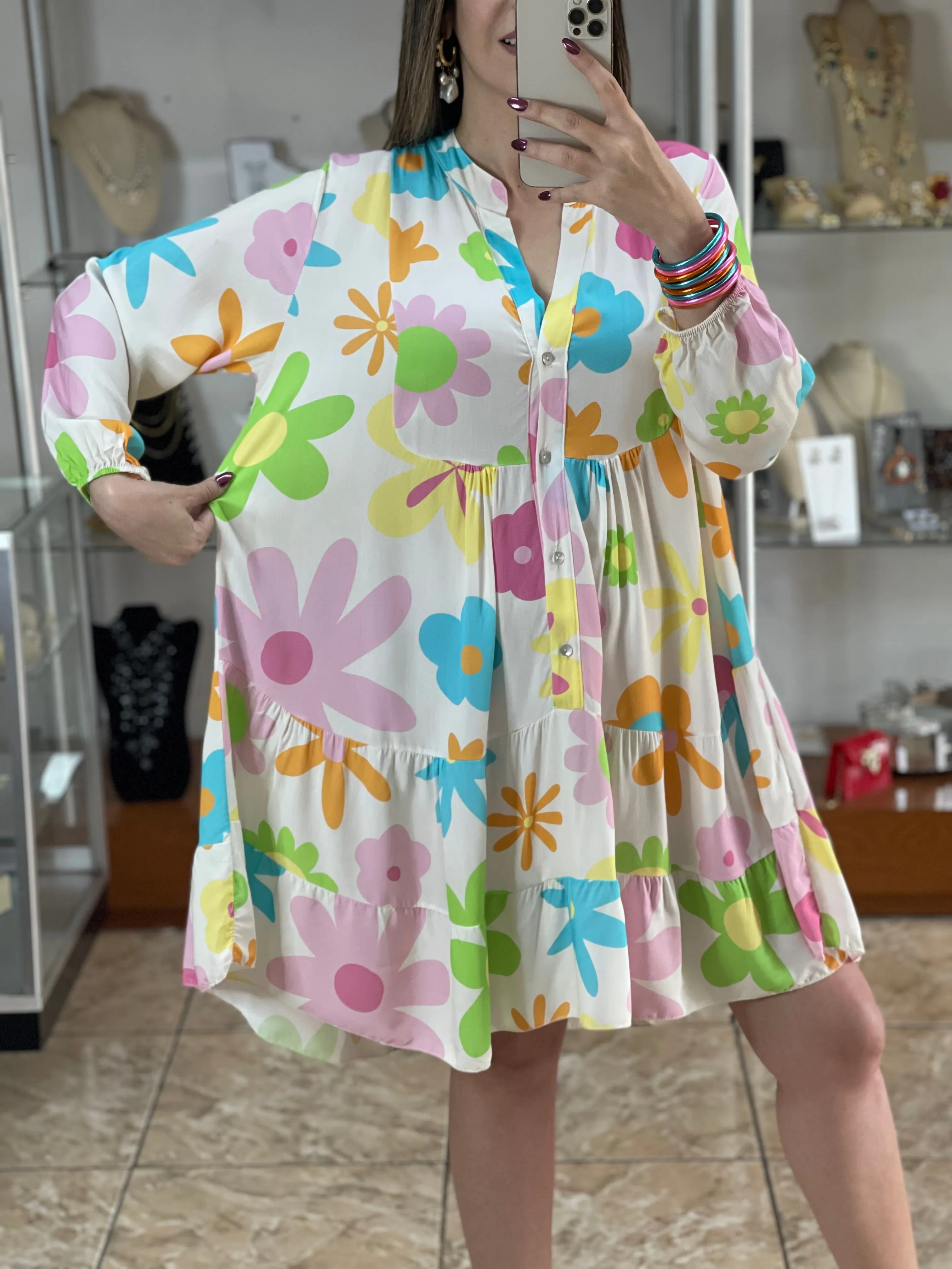 Long Sleeve Floral OS Short Dress