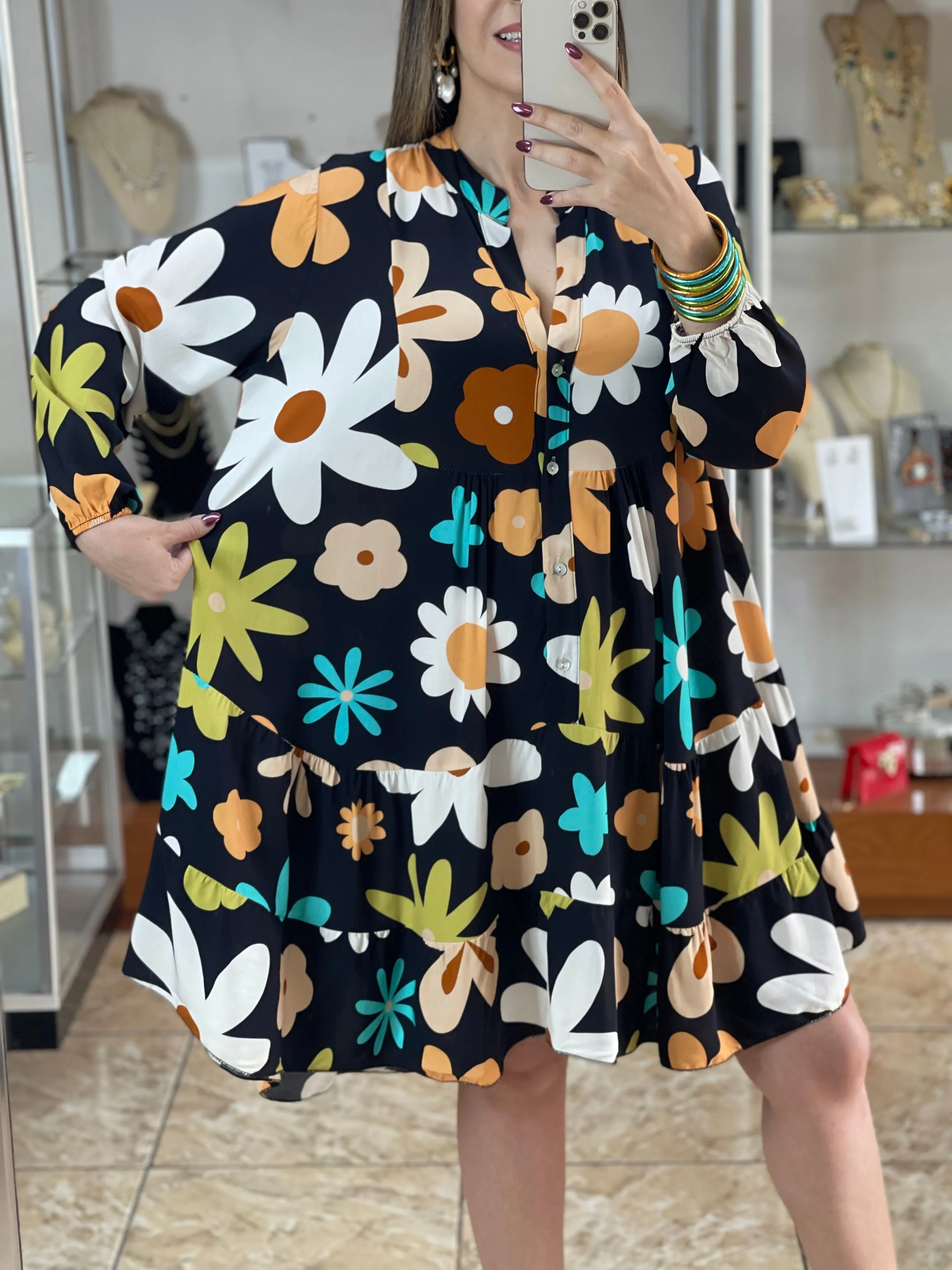 Long Sleeve Floral OS Short Dress