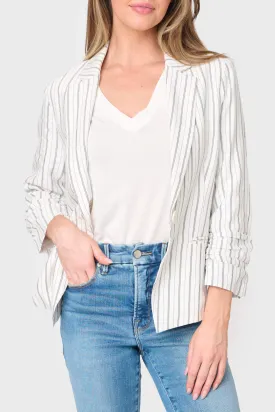 Notch Collar Pinstripe Linen Blazer with Rouched Sleeve