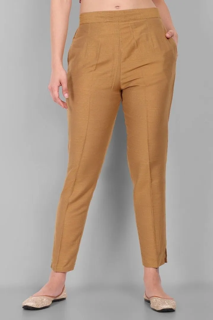 Old Gold Straight Cotton Silk Pant with Pockets