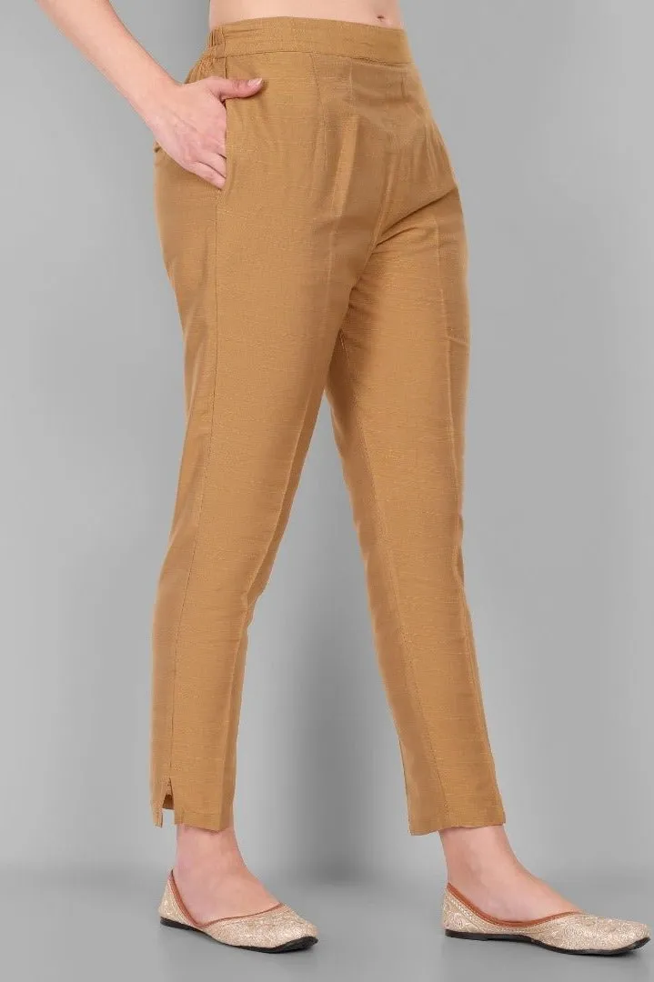 Old Gold Straight Cotton Silk Pant with Pockets