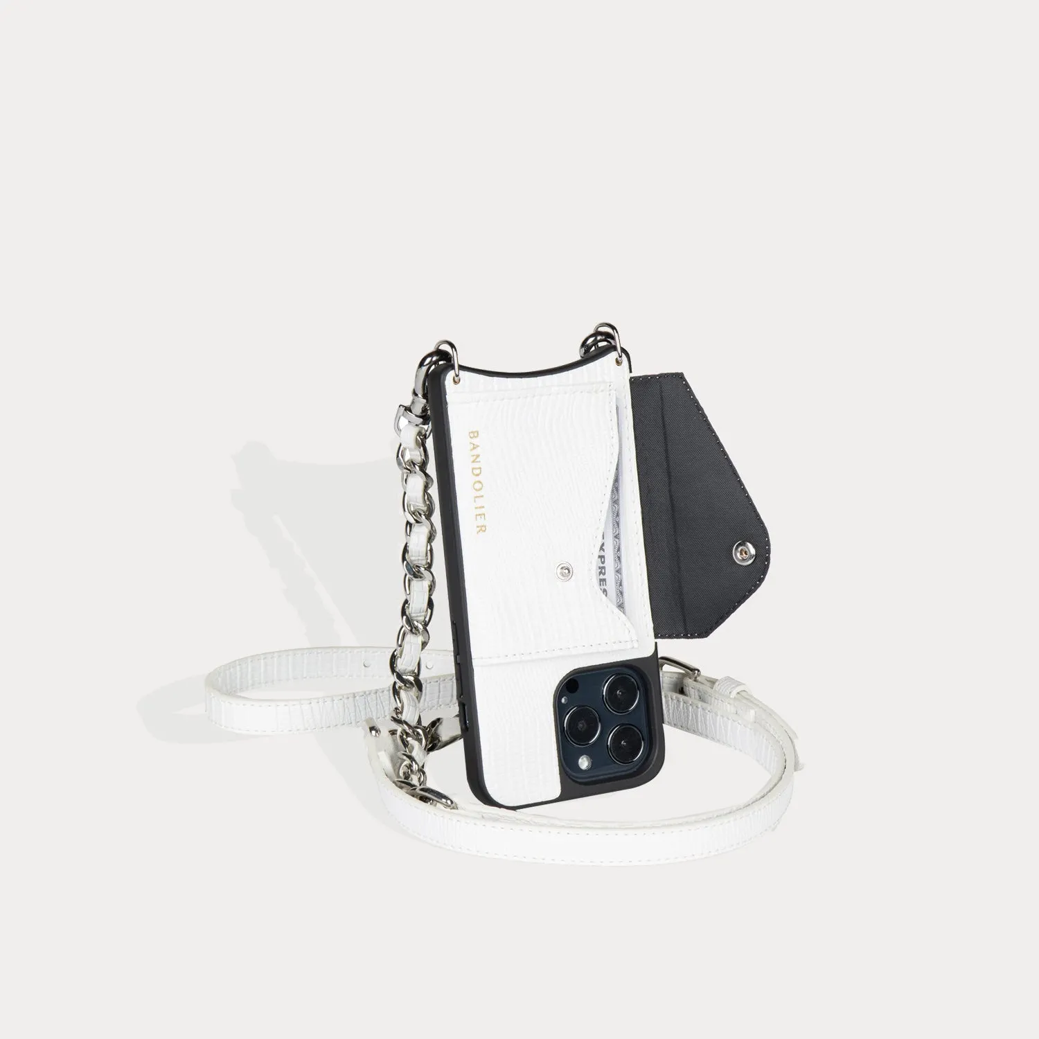 Paige Vegan Side Slot Crossbody Bandolier - White Lizard/Silver