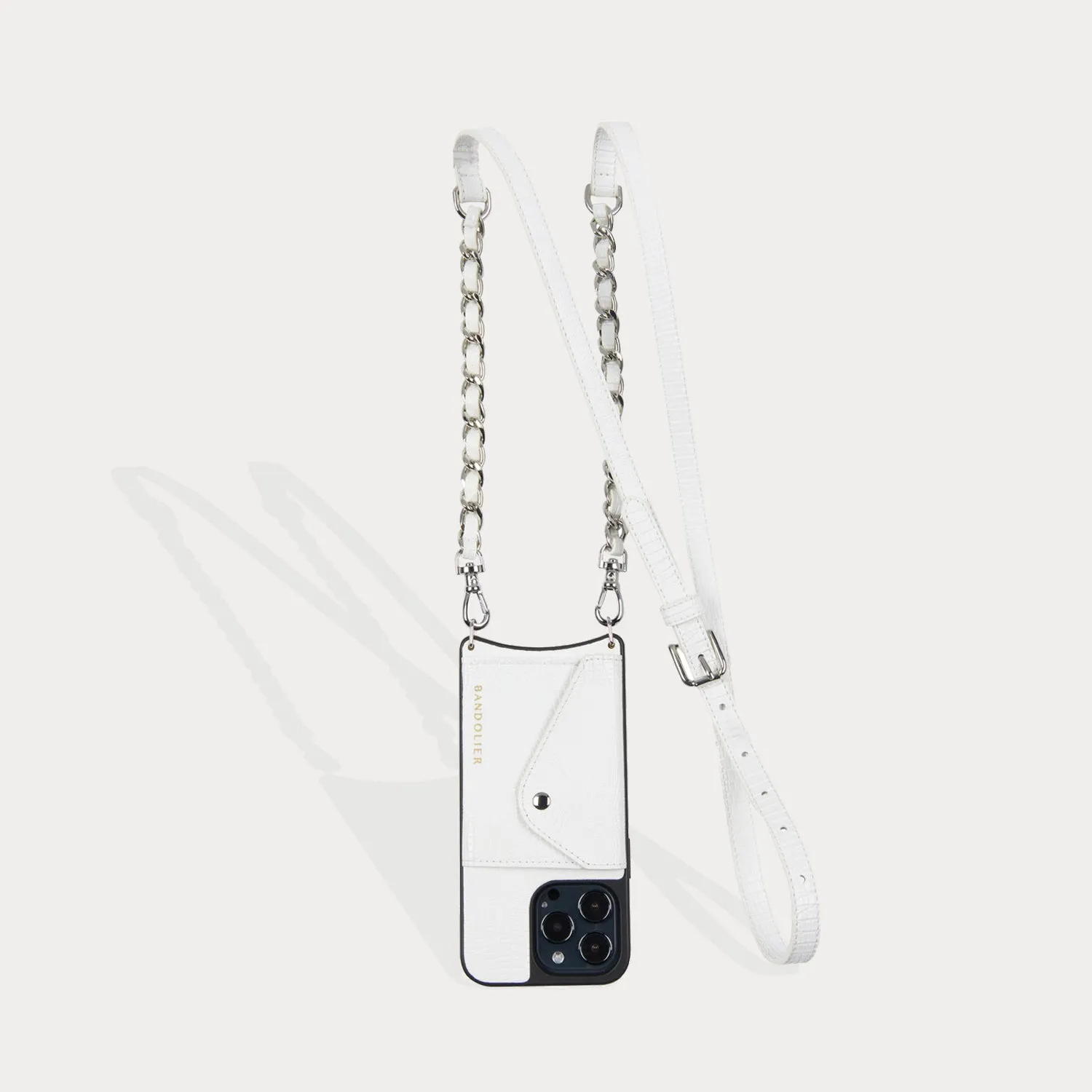 Paige Vegan Side Slot Crossbody Bandolier - White Lizard/Silver