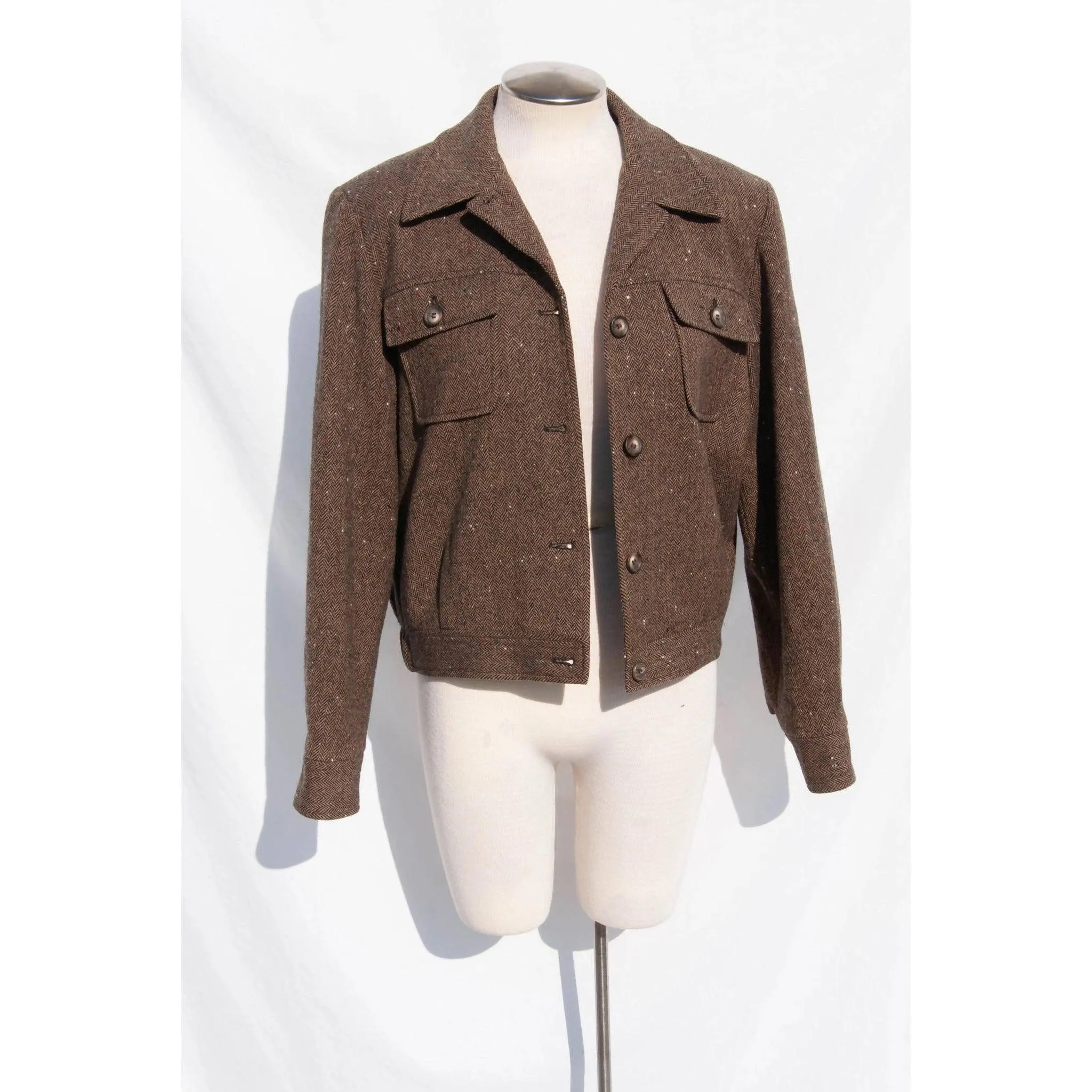 PENDLETON Light Brown Herringbone Cropped Wool Jacket | Size US 6