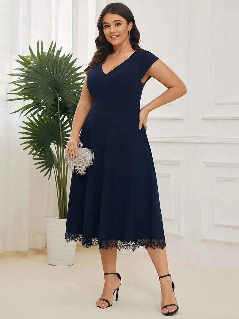 Plus Deep V Neck Cover Sleeves A Line Knee Length Evening Dresses