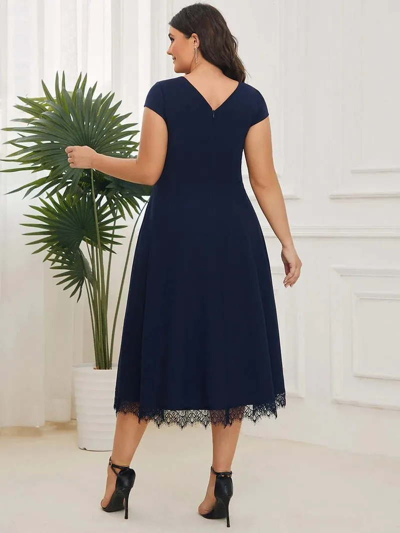 Plus Deep V Neck Cover Sleeves A Line Knee Length Evening Dresses