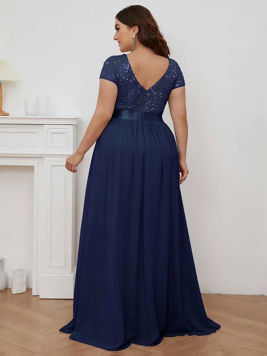 Plus Size Deep V Neck Pencil Wholesale Evening Dresses with Short Sleeves