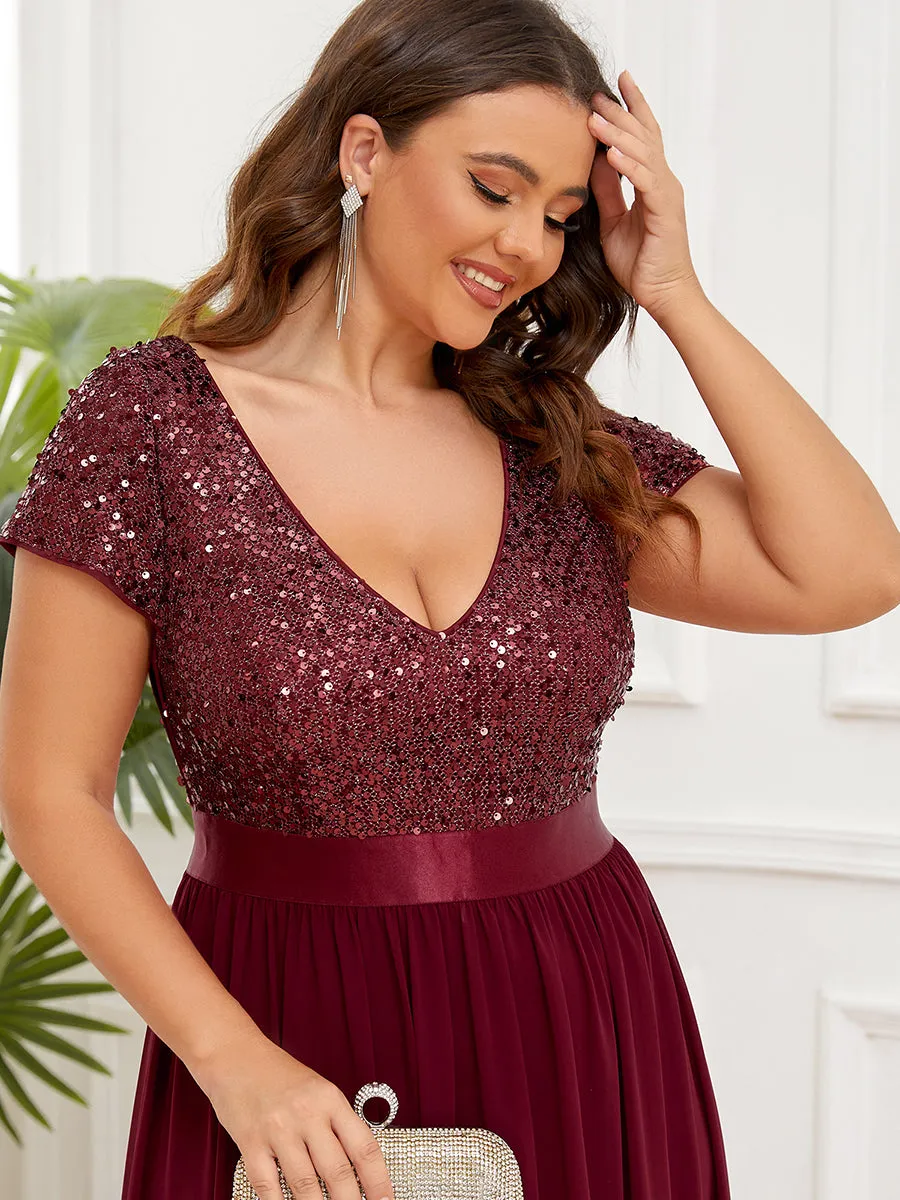 Plus Size Deep V Neck Pencil Wholesale Evening Dresses with Short Sleeves